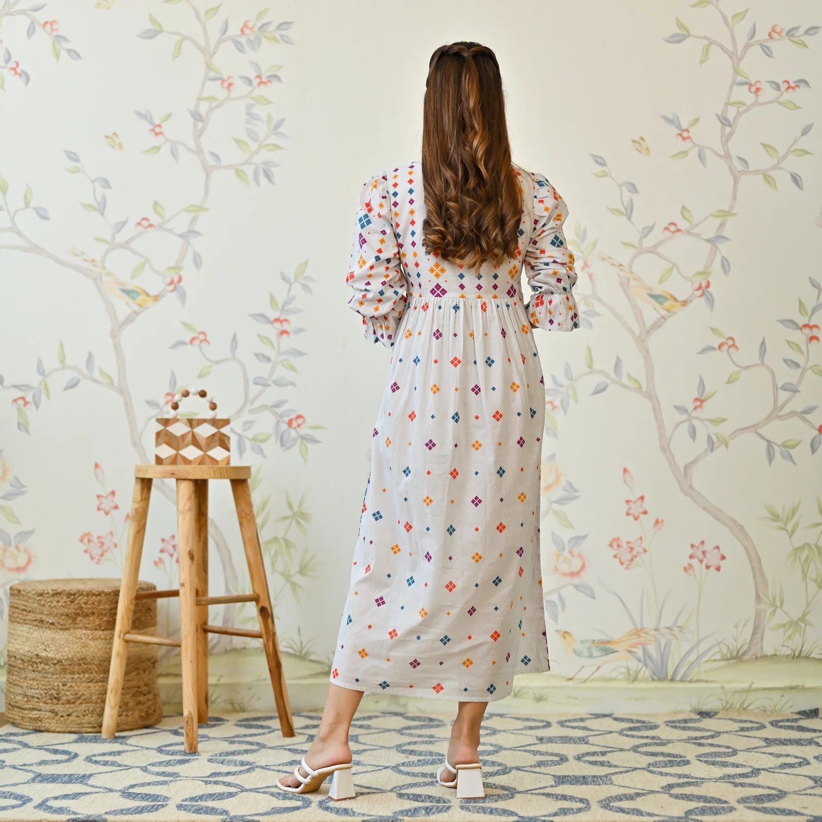 Off White Jamdani Inspired Cotton Dress with Front Tie Up Detail - Image 6