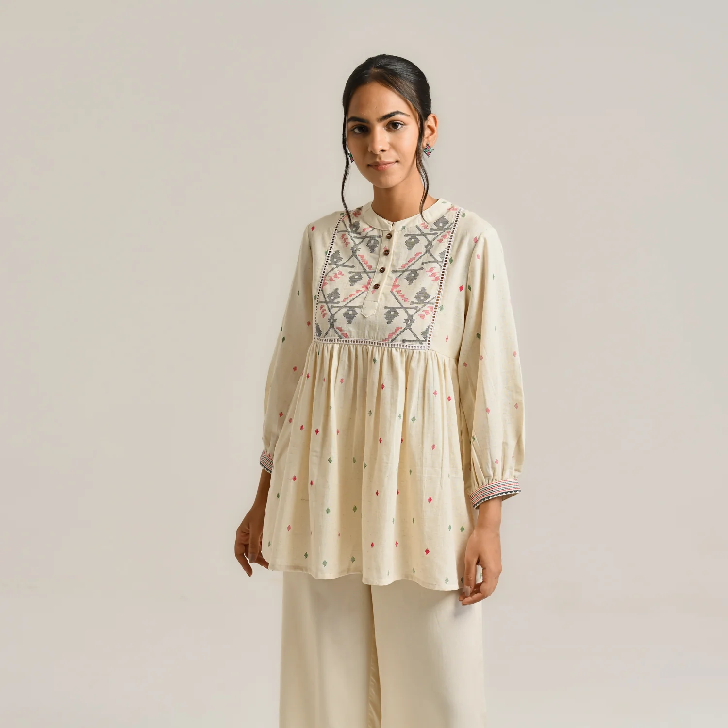 Off White Linen Cotton Jamdani Printed Tunic - Image 3