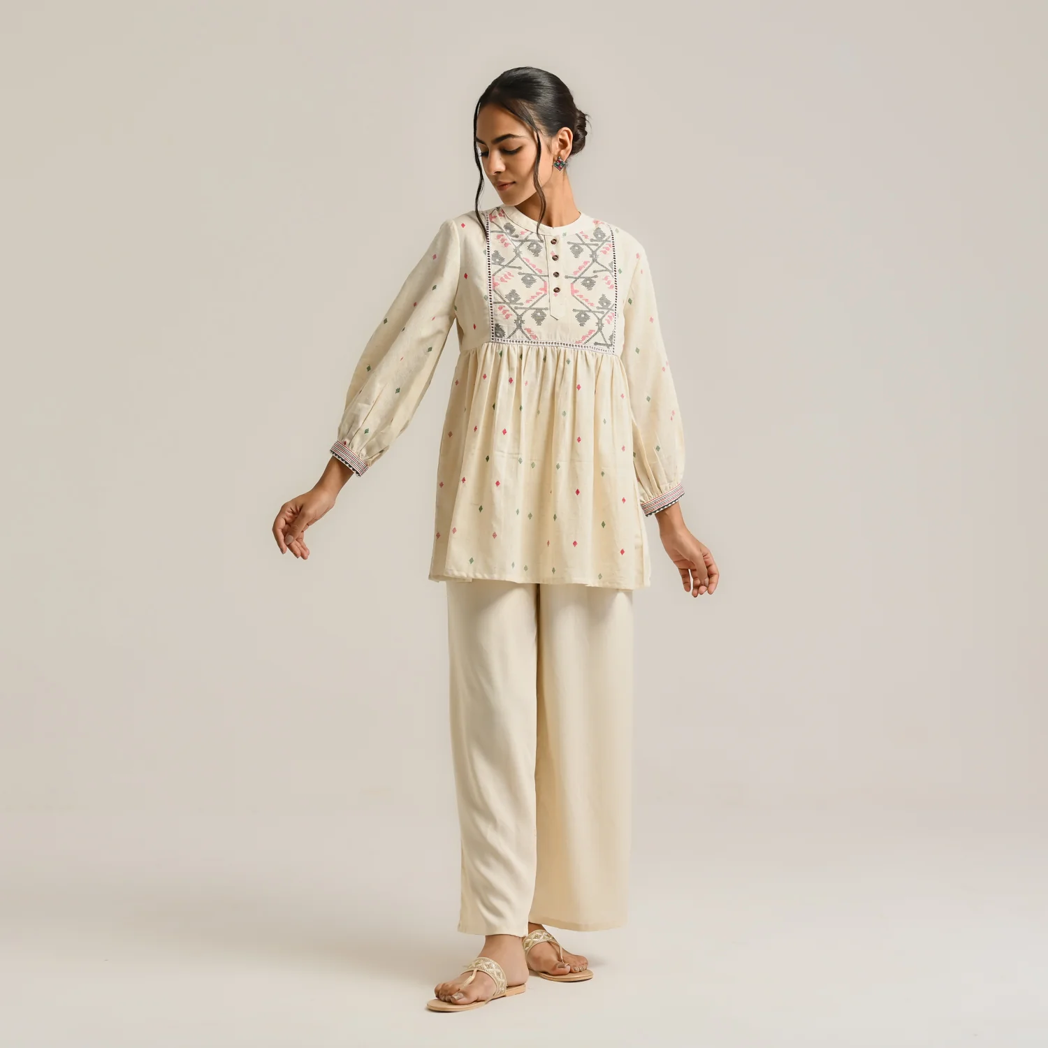 Off White Linen Cotton Jamdani Printed Tunic - Image 4