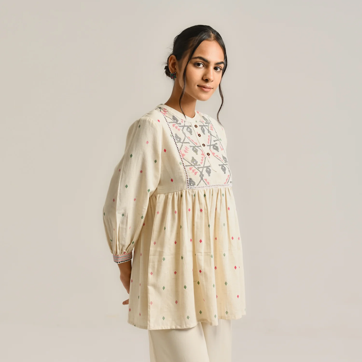 Off White Linen Cotton Jamdani Printed Tunic - Image 5