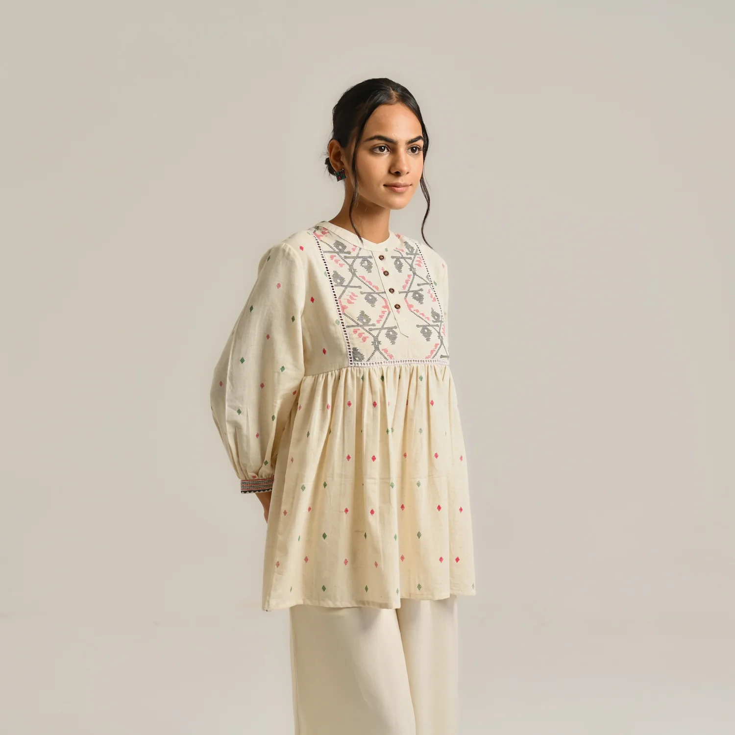 Off White Linen Cotton Jamdani Printed Tunic - Image 6