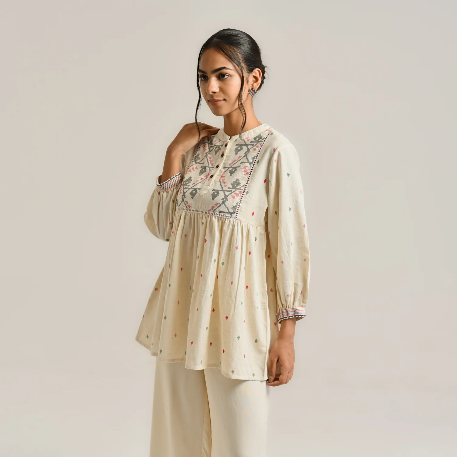 Off White Linen Cotton Jamdani Printed Tunic - Image 7