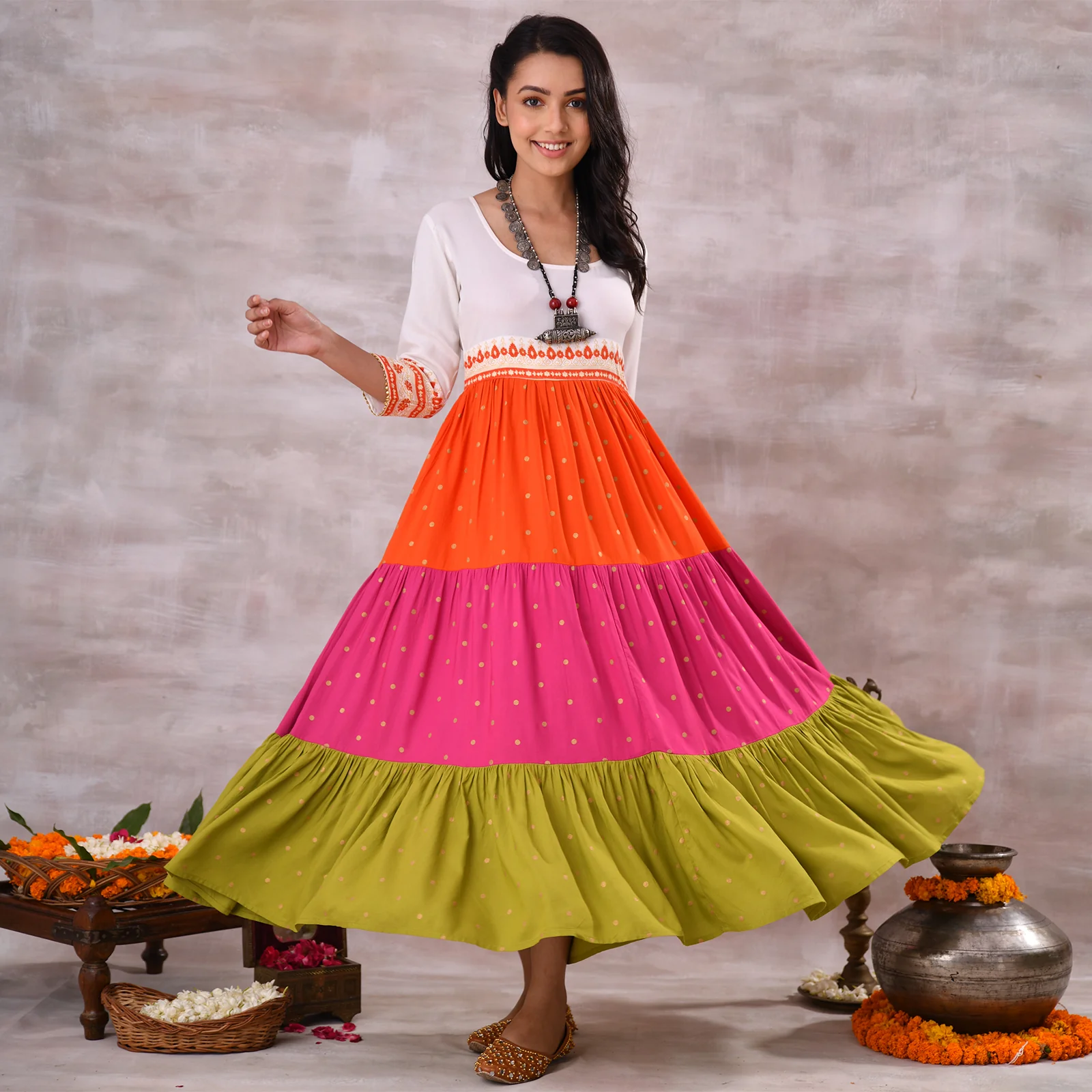 Off White Multicoloured Tiered Dress with Polka Prints & Gota Details - Image 10