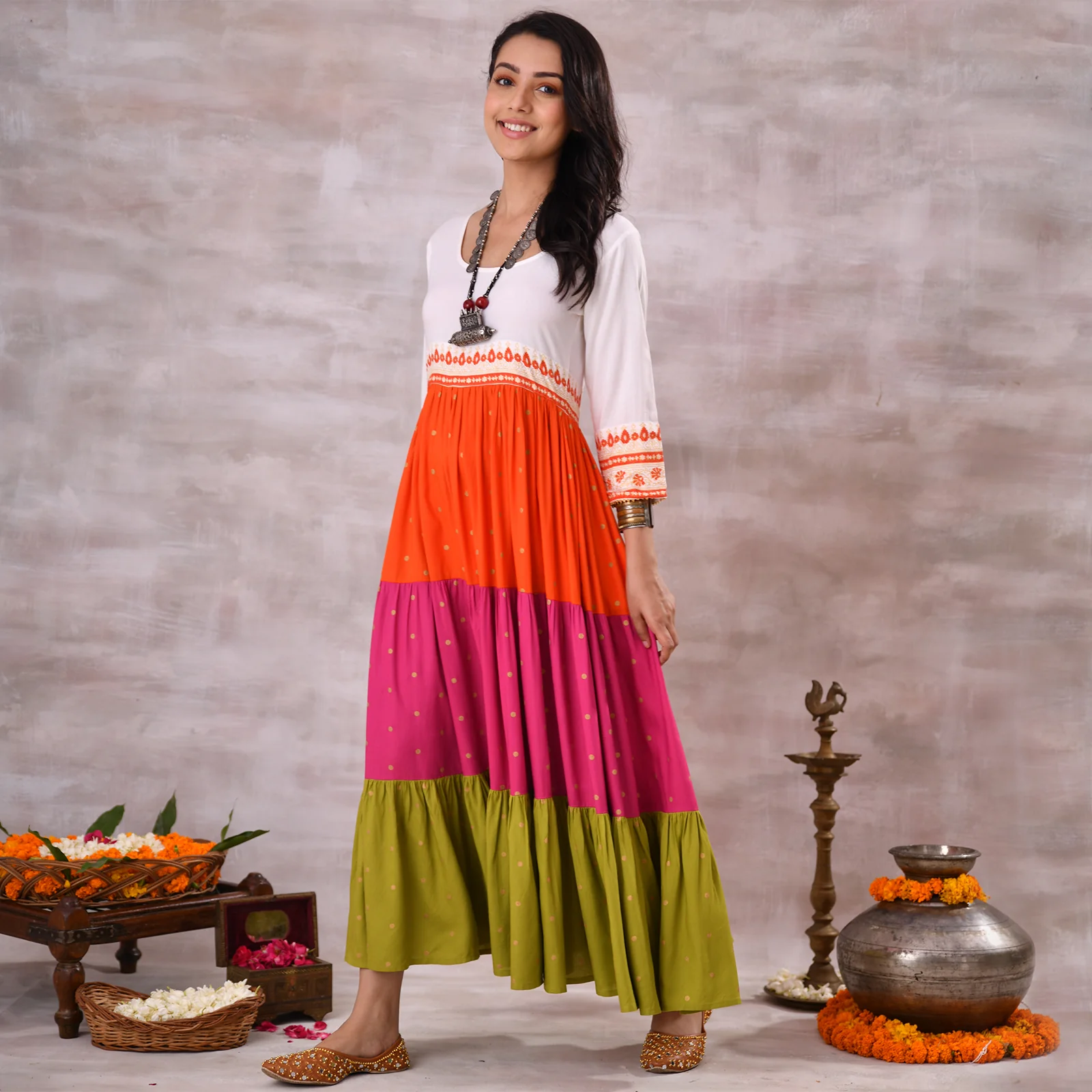 Off White Multicoloured Tiered Dress with Polka Prints & Gota Details - Image 11