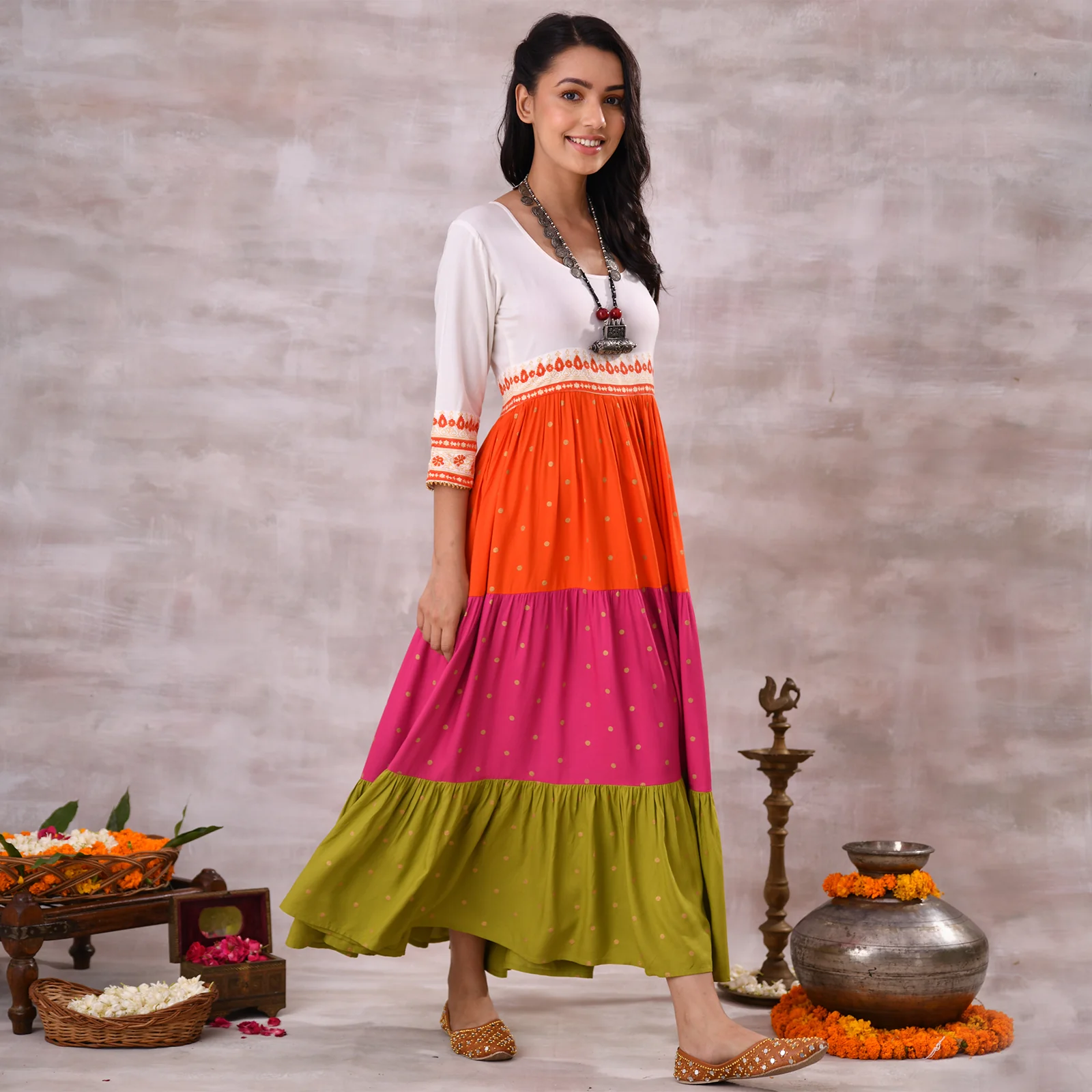 Off White Multicoloured Tiered Dress with Polka Prints & Gota Details - Image 12