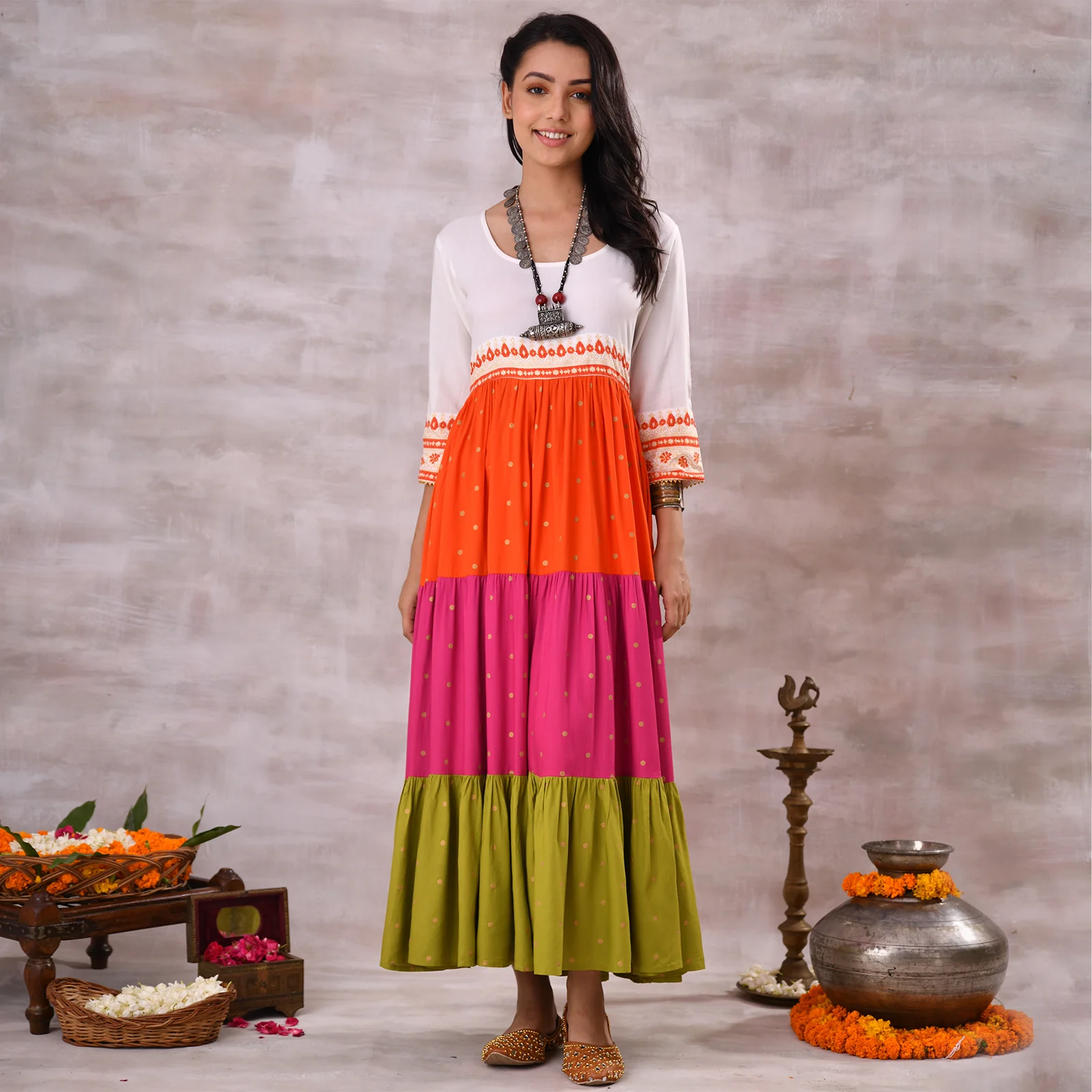 Off White Multicoloured Tiered Dress with Polka Prints & Gota Details - Image 13
