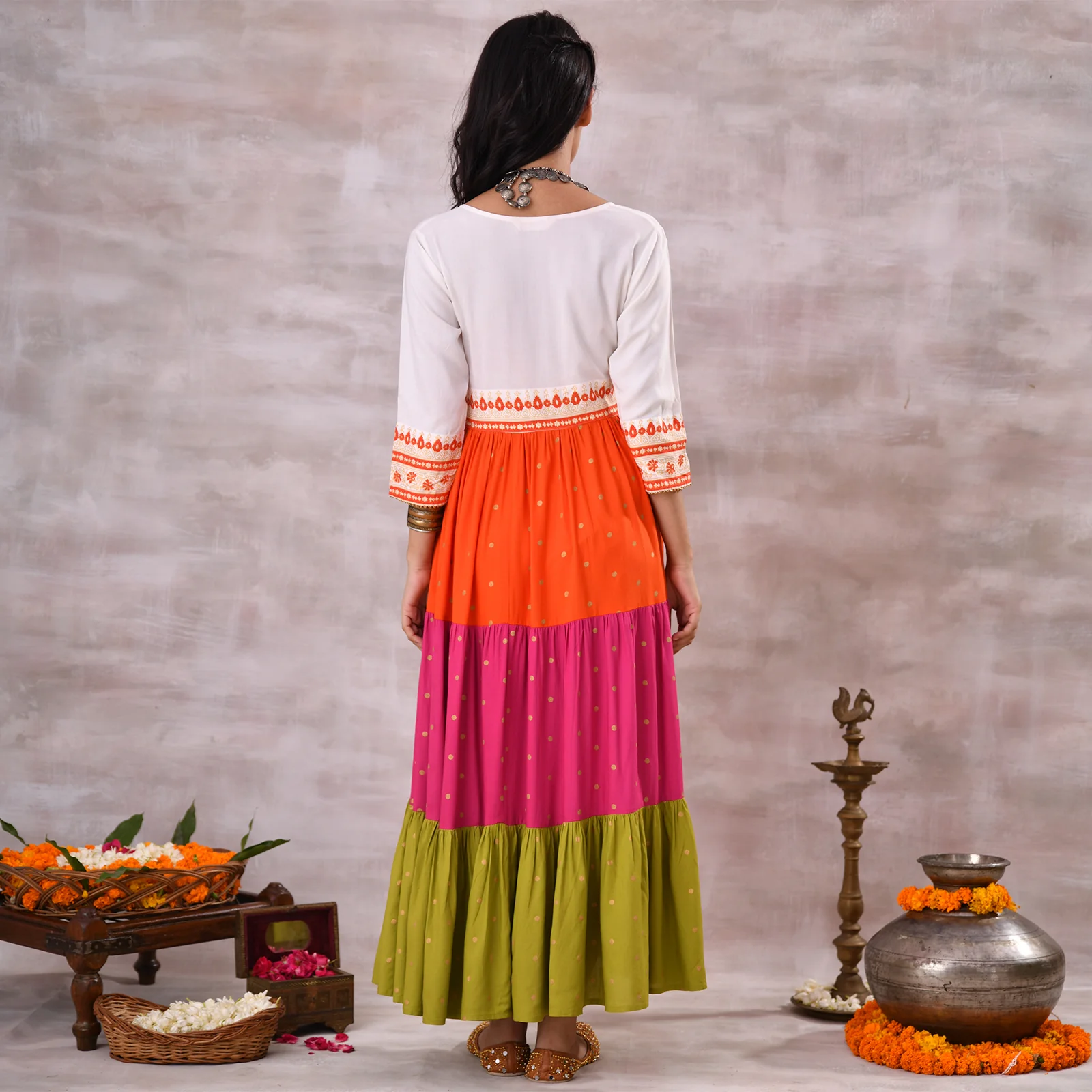 Off White Multicoloured Tiered Dress with Polka Prints & Gota Details - Image 14