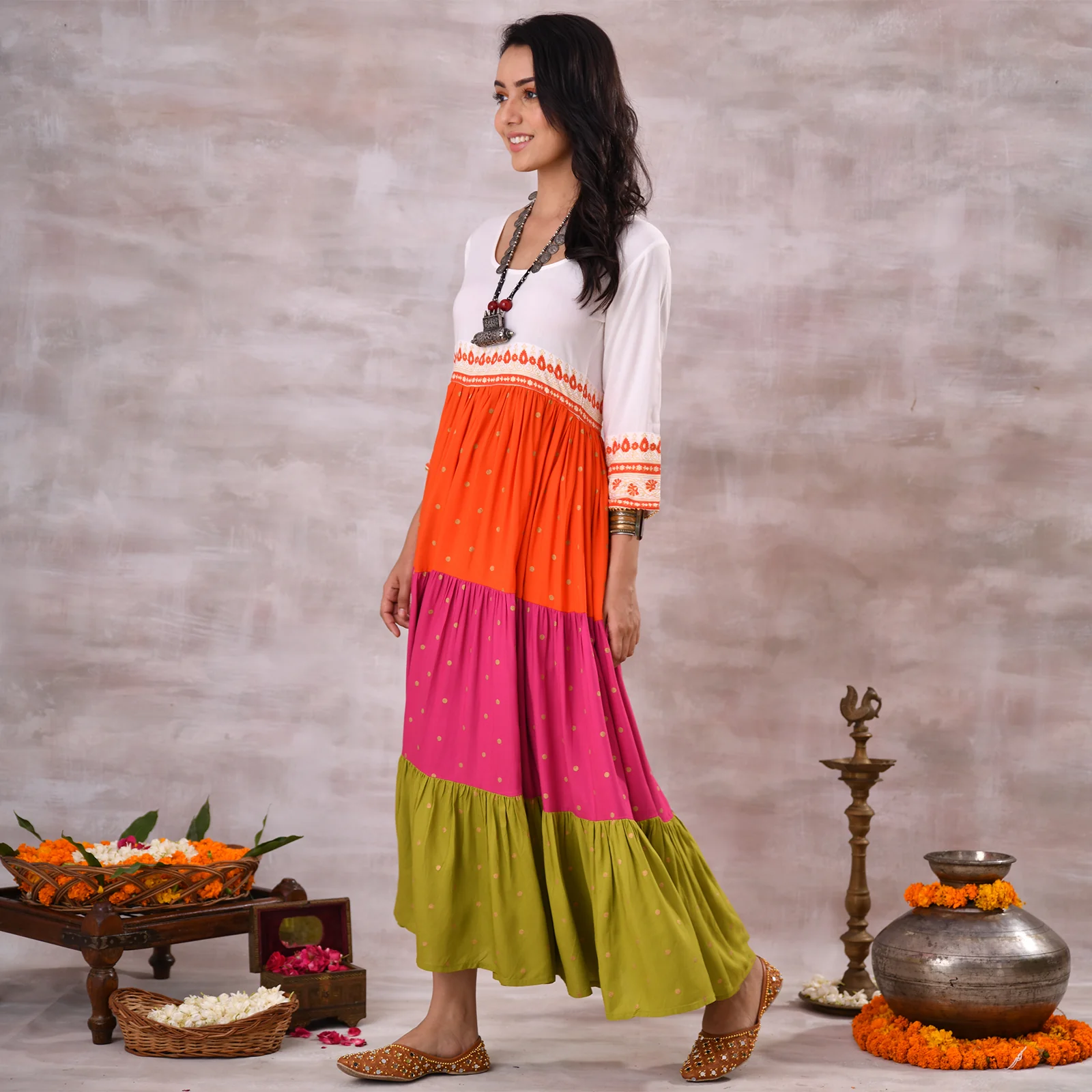 Off White Multicoloured Tiered Dress with Polka Prints & Gota Details - Image 15