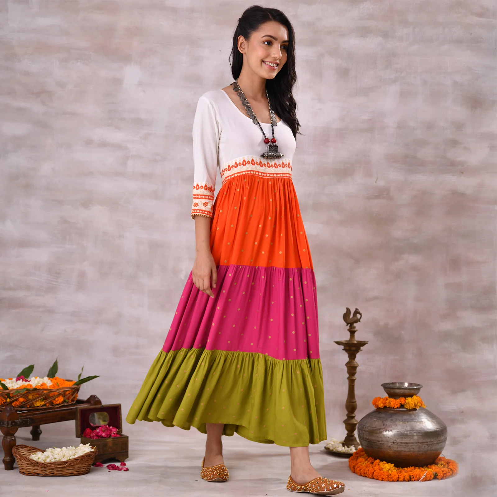 Off White Multicoloured Tiered Dress with Polka Prints & Gota Details - Image 16