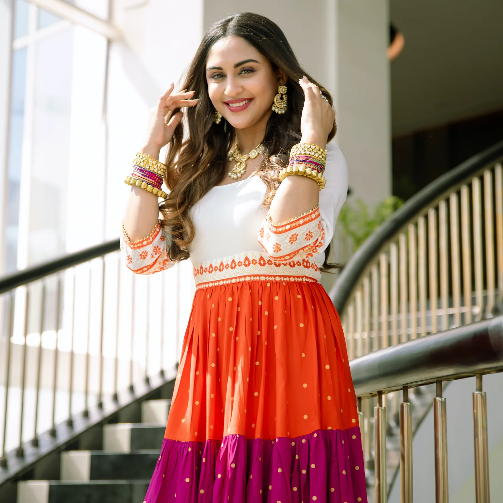 Off White Multicoloured Tiered Dress with Polka Prints & Gota Details - Image 3