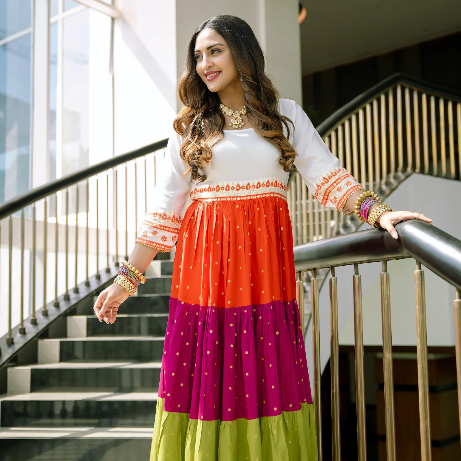 Off White Multicoloured Tiered Dress with Polka Prints & Gota Details - Image 4