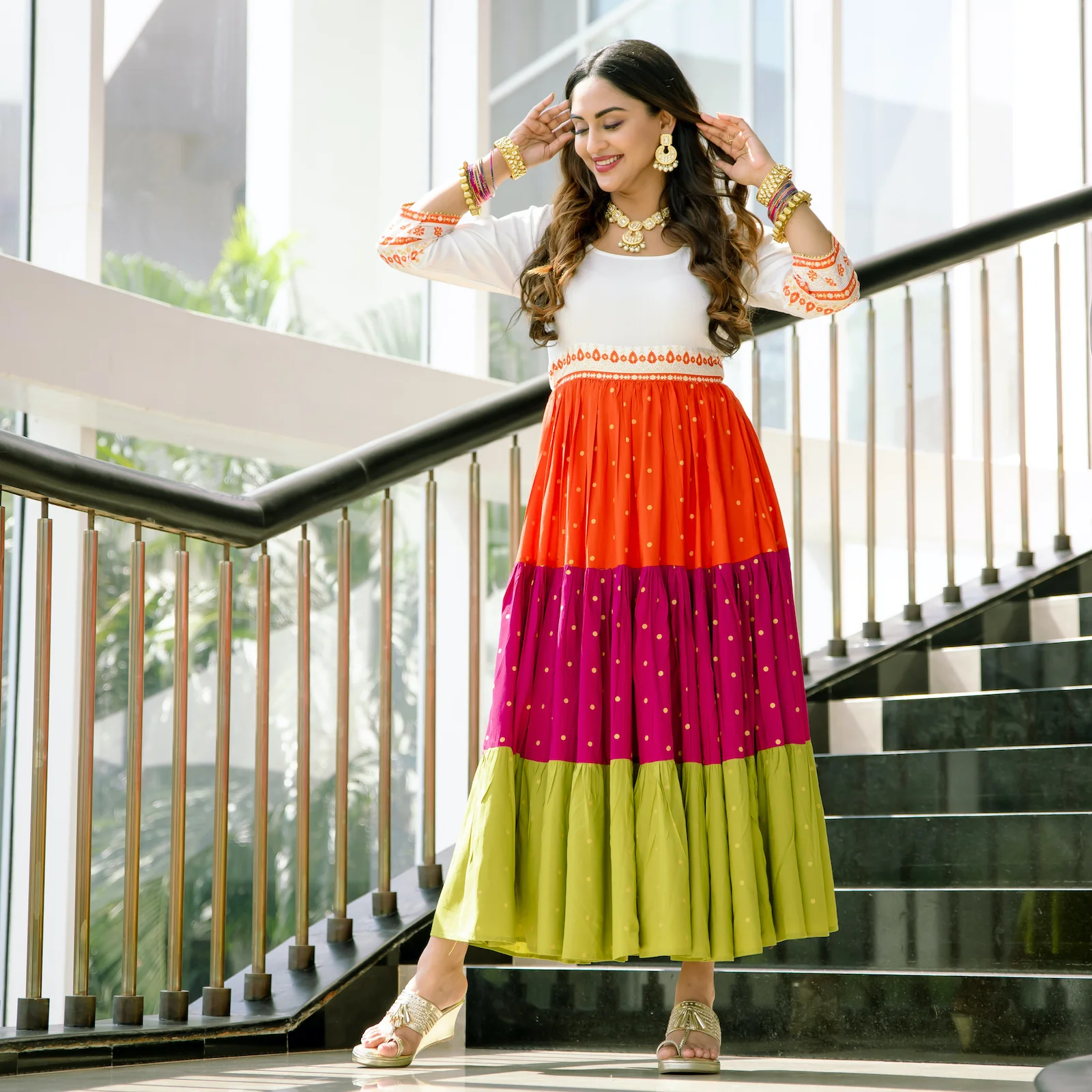 Off White Multicoloured Tiered Dress with Polka Prints & Gota Details - Image 5