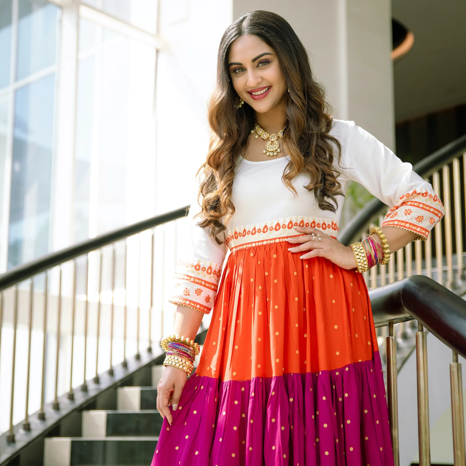 Off White Multicoloured Tiered Dress with Polka Prints & Gota Details - Image 6