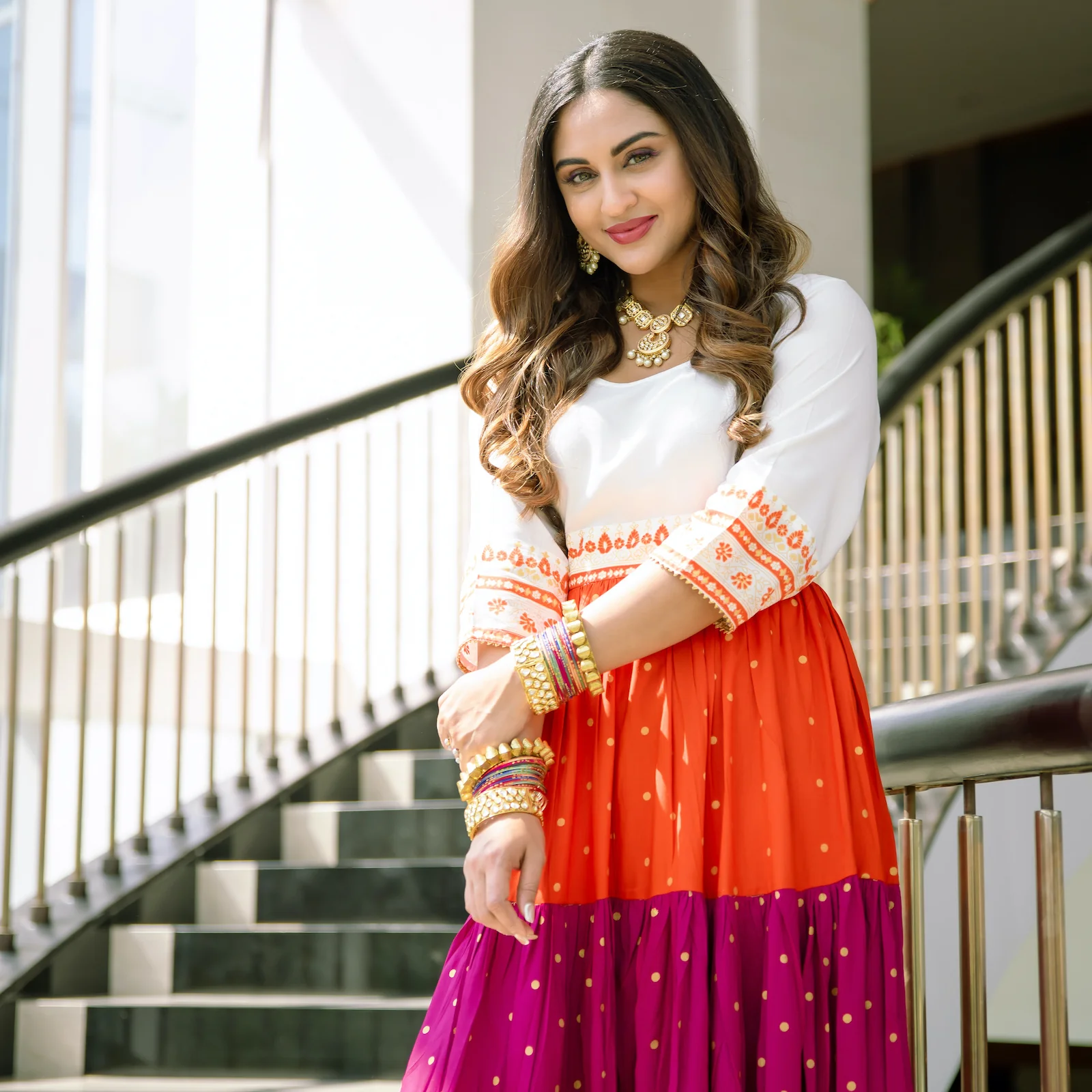 Off White Multicoloured Tiered Dress with Polka Prints & Gota Details - Image 7