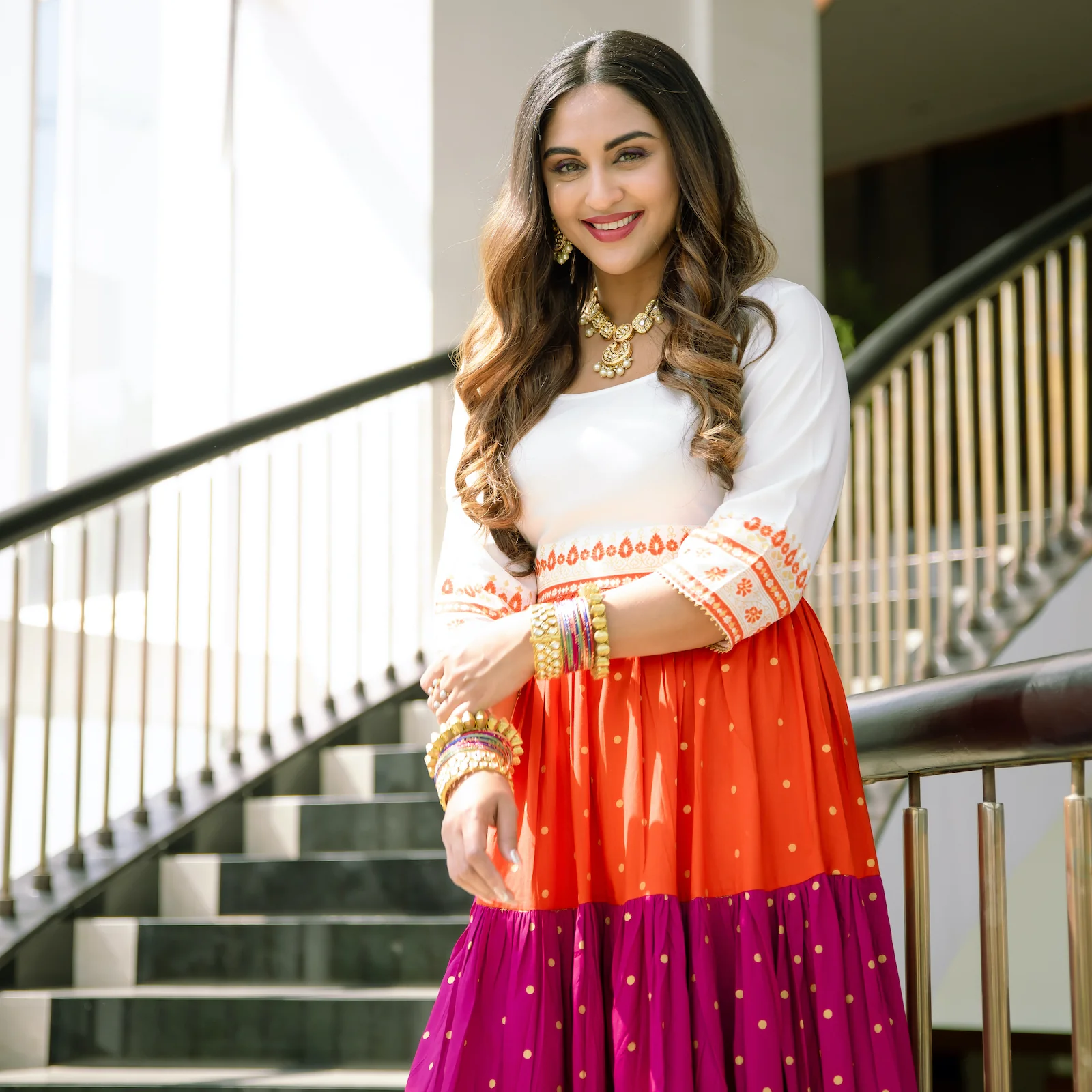 Off White Multicoloured Tiered Dress with Polka Prints & Gota Details - Image 8