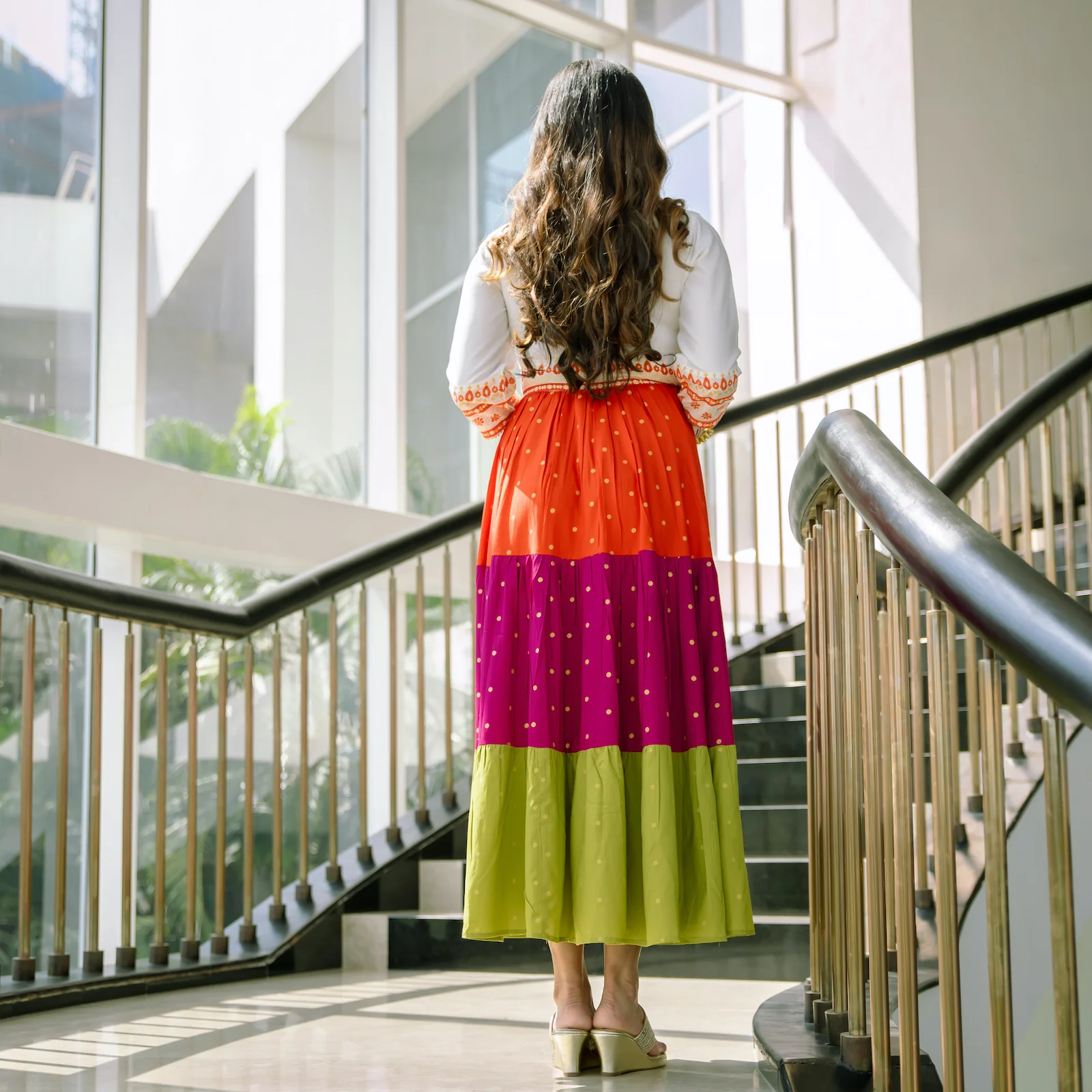 Off White Multicoloured Tiered Dress with Polka Prints & Gota Details - Image 9