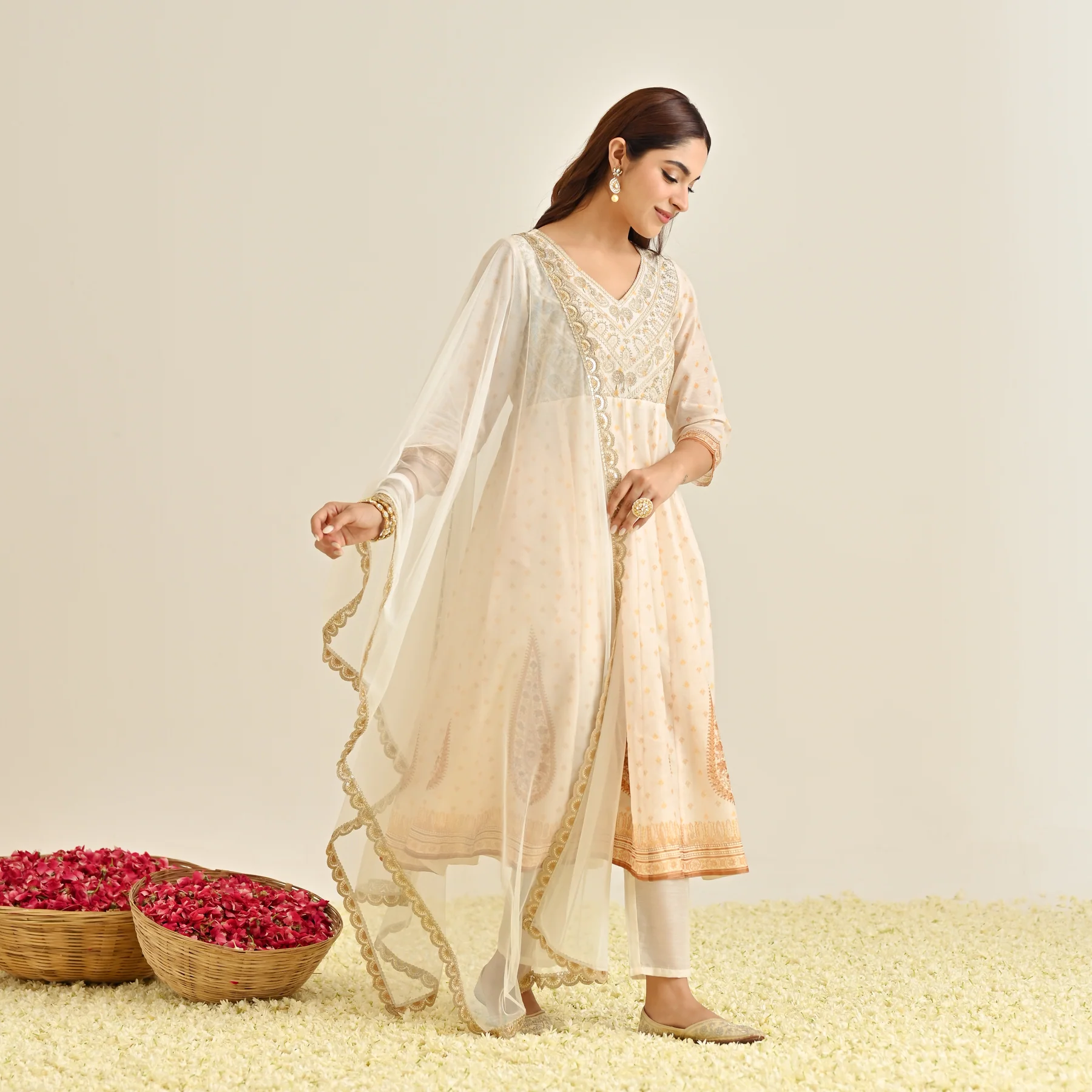 Off White Mustard Traditional Anarkali Set with Yoke Embroidery & Dupatta - Image 10