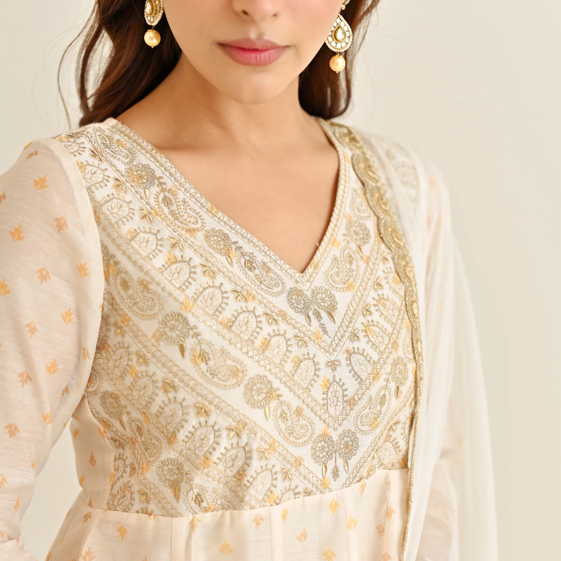 Off White Mustard Traditional Anarkali Set with Yoke Embroidery & Dupatta - Image 3