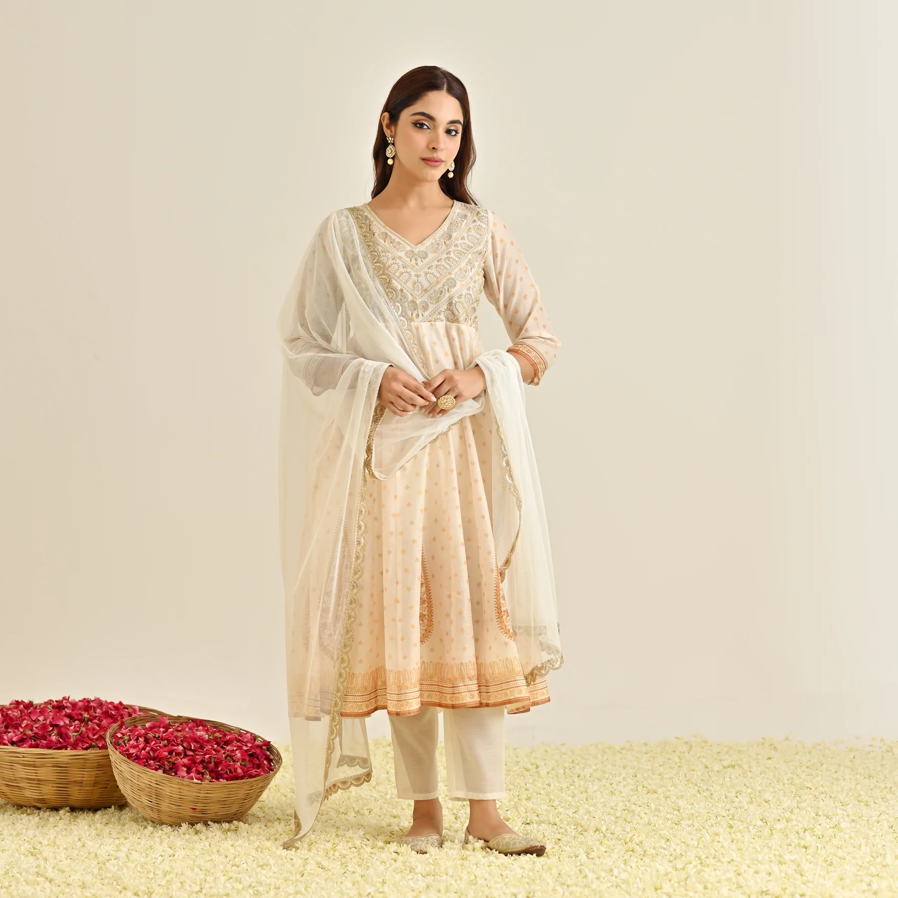Off White Mustard Traditional Anarkali Set with Yoke Embroidery & Dupatta - Image 4