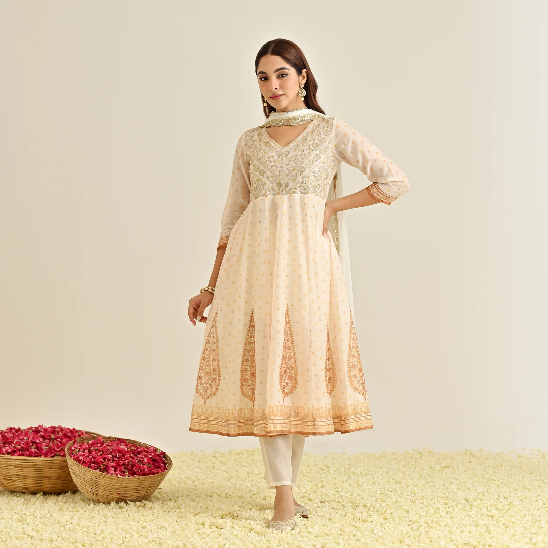 Off White Mustard Traditional Anarkali Set with Yoke Embroidery & Dupatta - Image 5