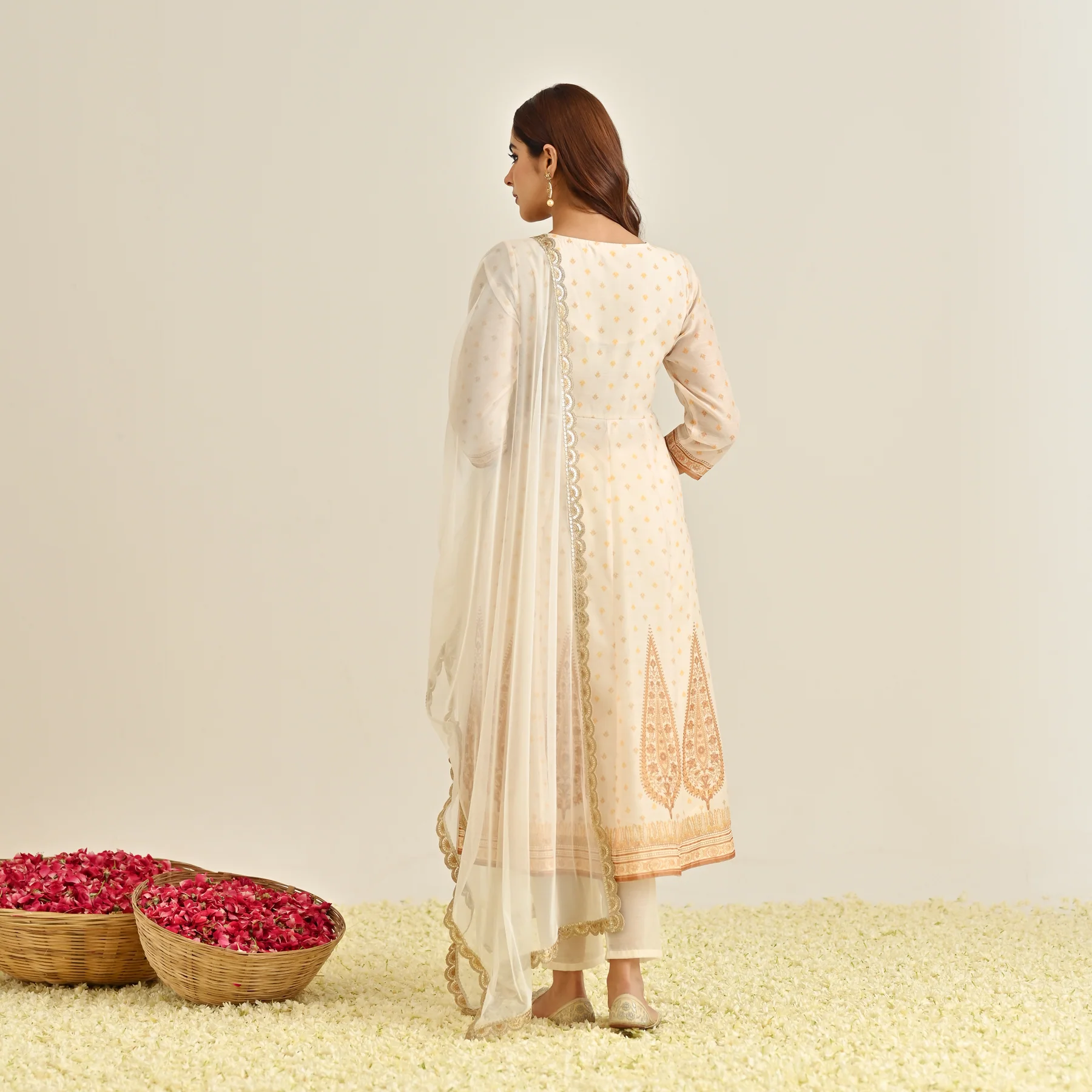 Off White Mustard Traditional Anarkali Set with Yoke Embroidery & Dupatta - Image 6
