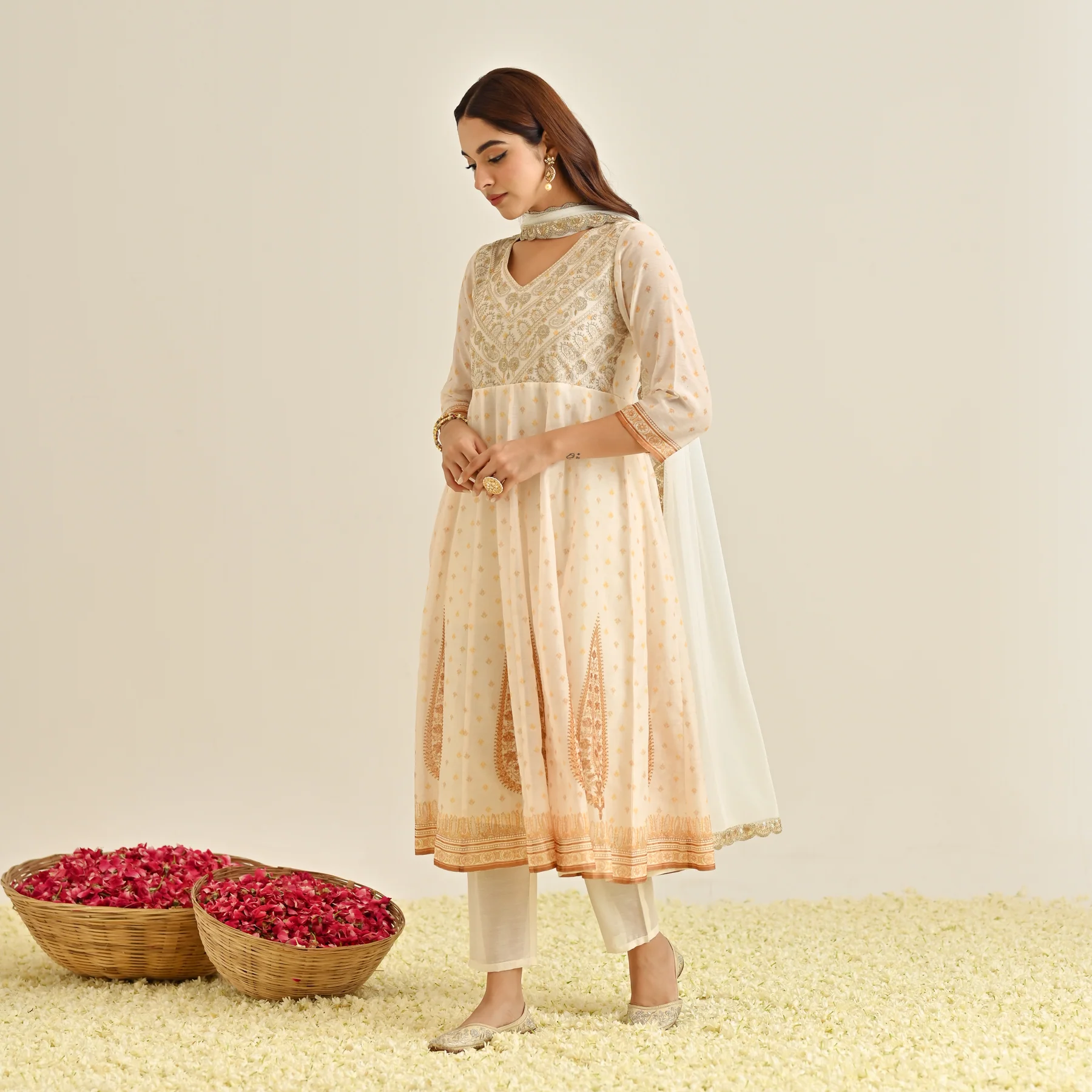 Off White Mustard Traditional Anarkali Set with Yoke Embroidery & Dupatta - Image 7