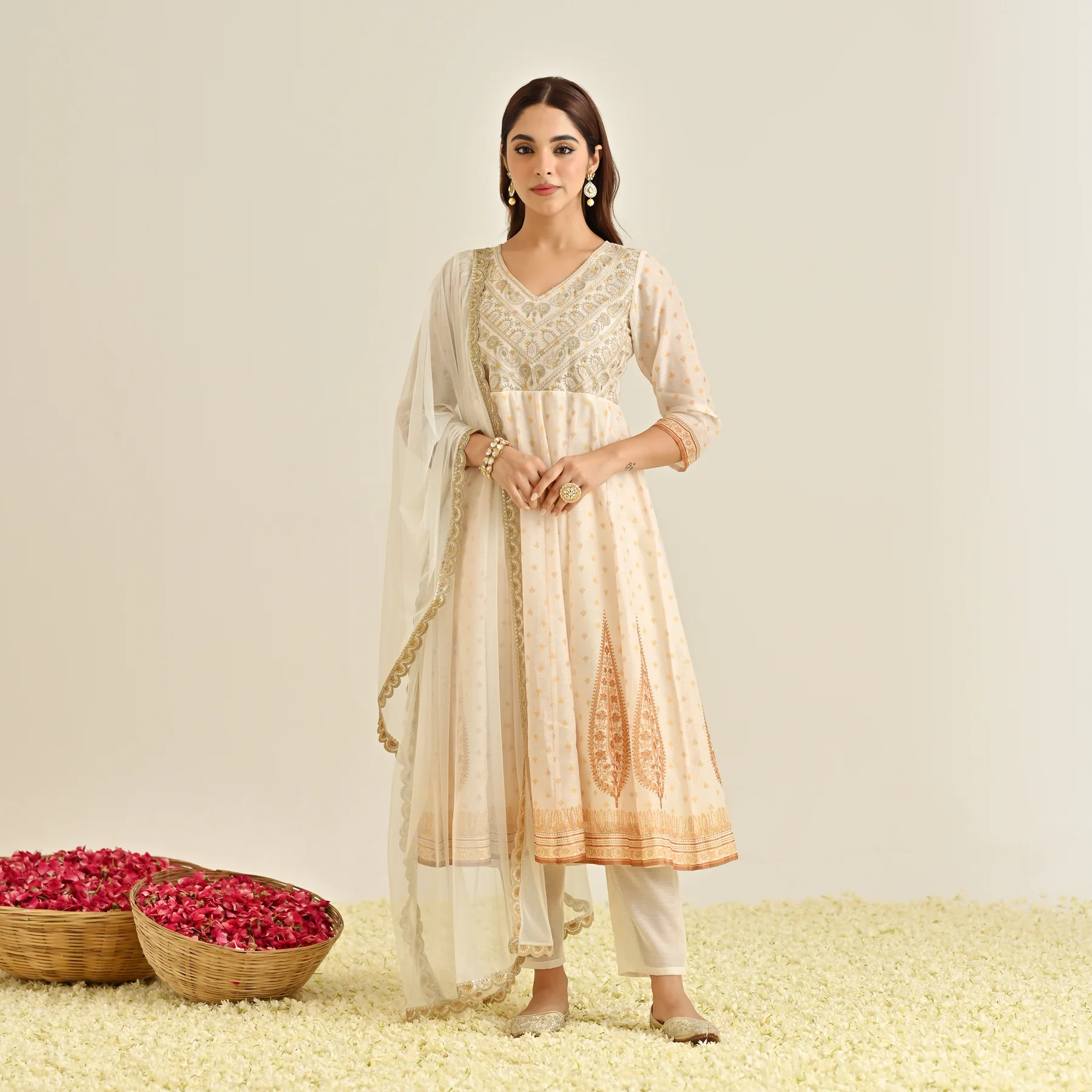 Off White Mustard Traditional Anarkali Set with Yoke Embroidery & Dupatta - Image 8