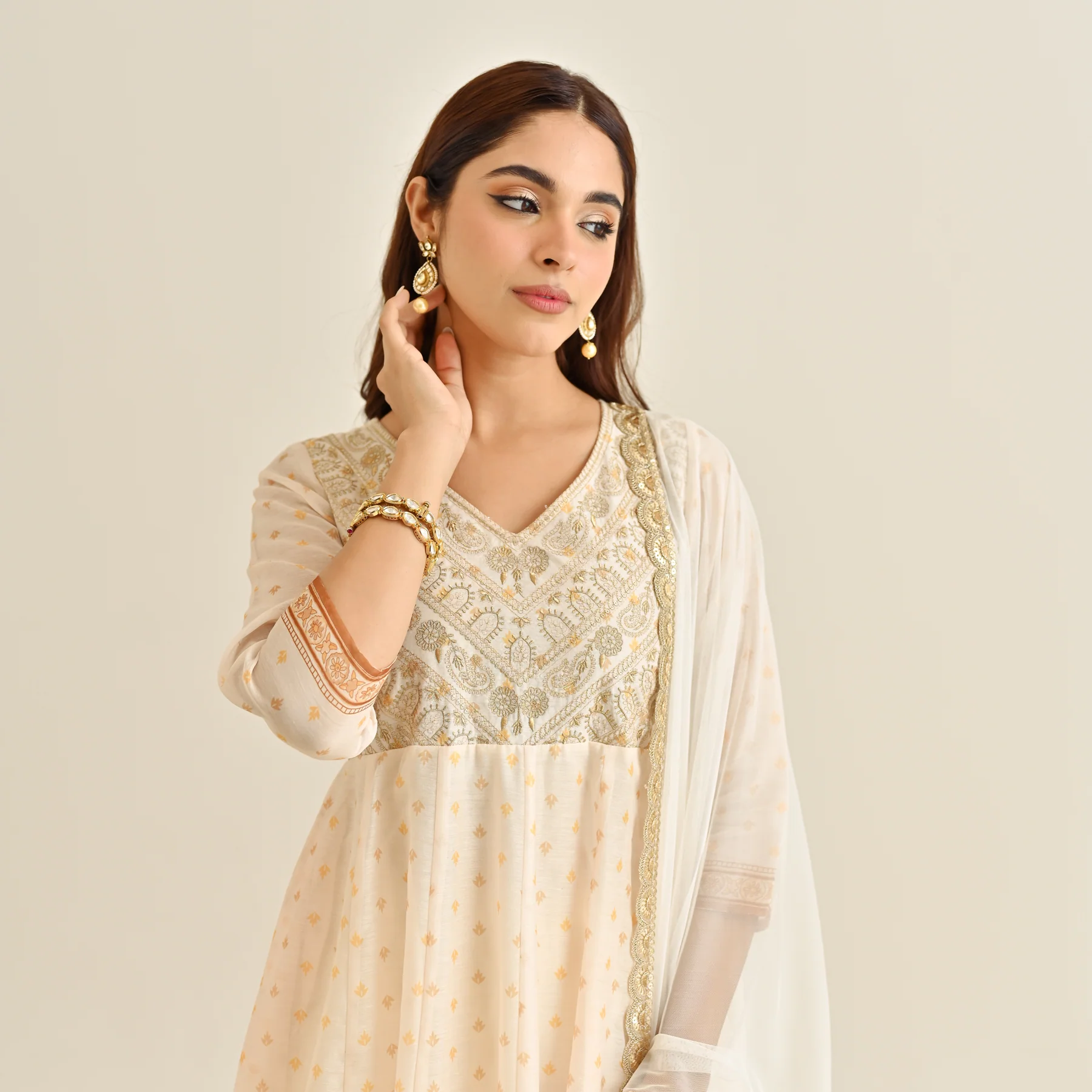 Off White Mustard Traditional Anarkali Set with Yoke Embroidery & Dupatta - Image 9