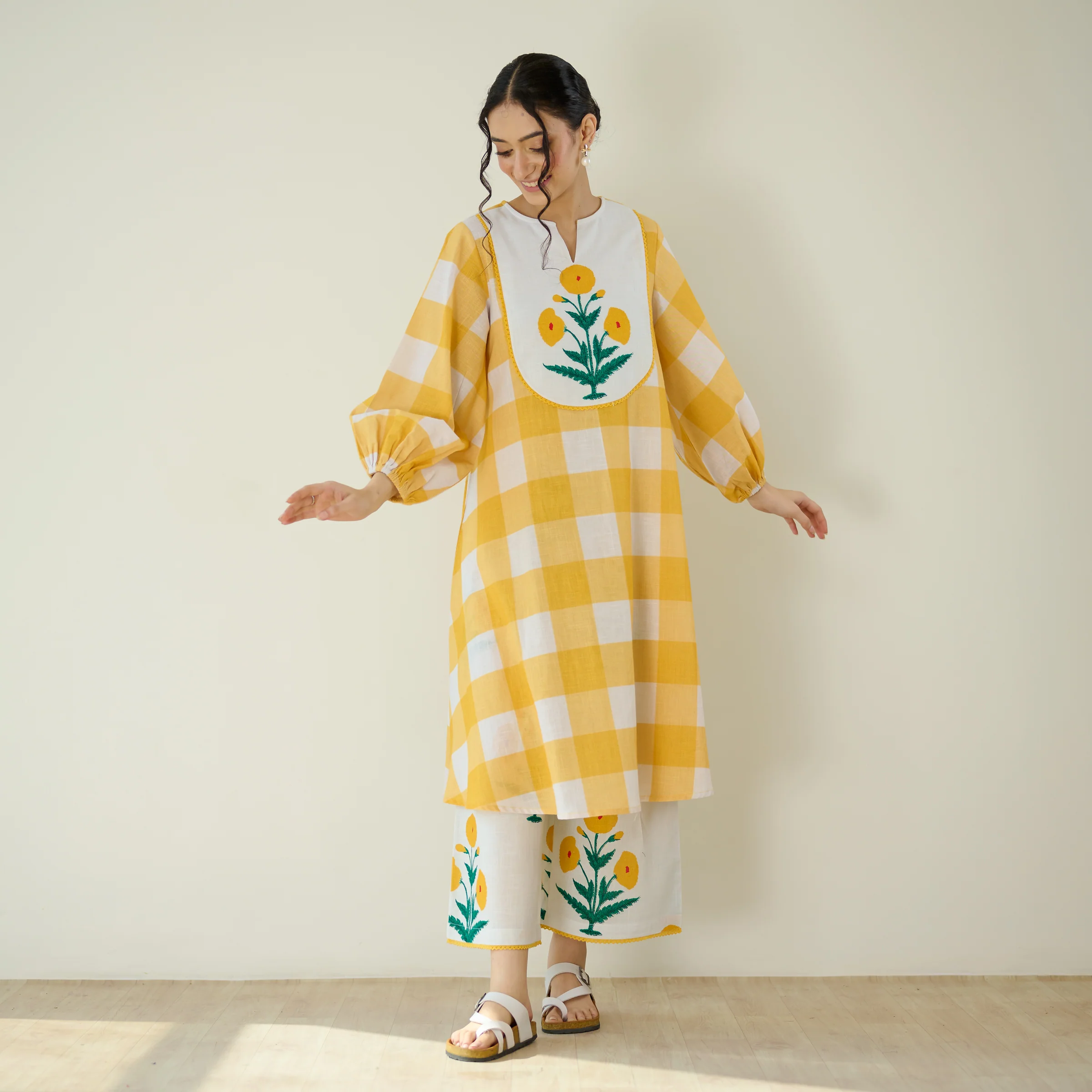 Old School Slub Cotton Kurta Set - Mango Yellow - Image 3