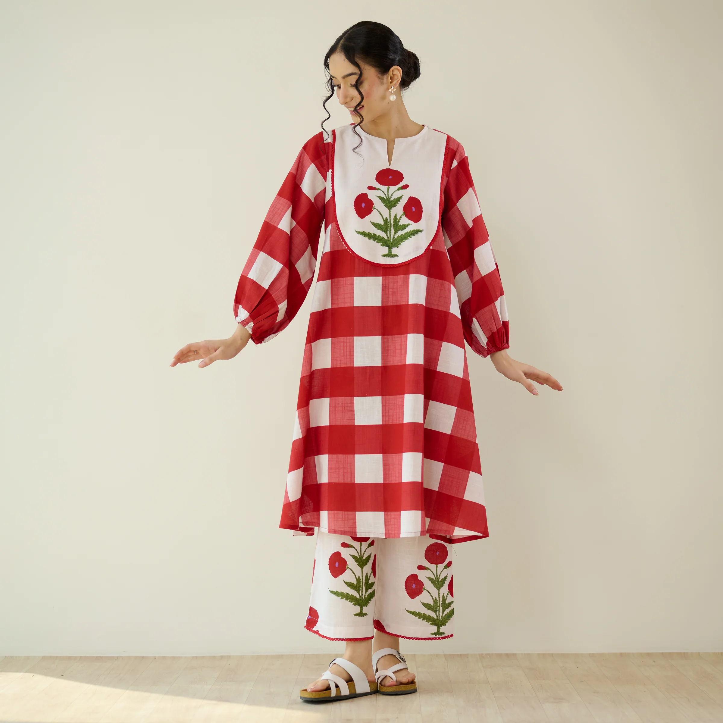 Old School Slub Cotton Kurta Set - Red
