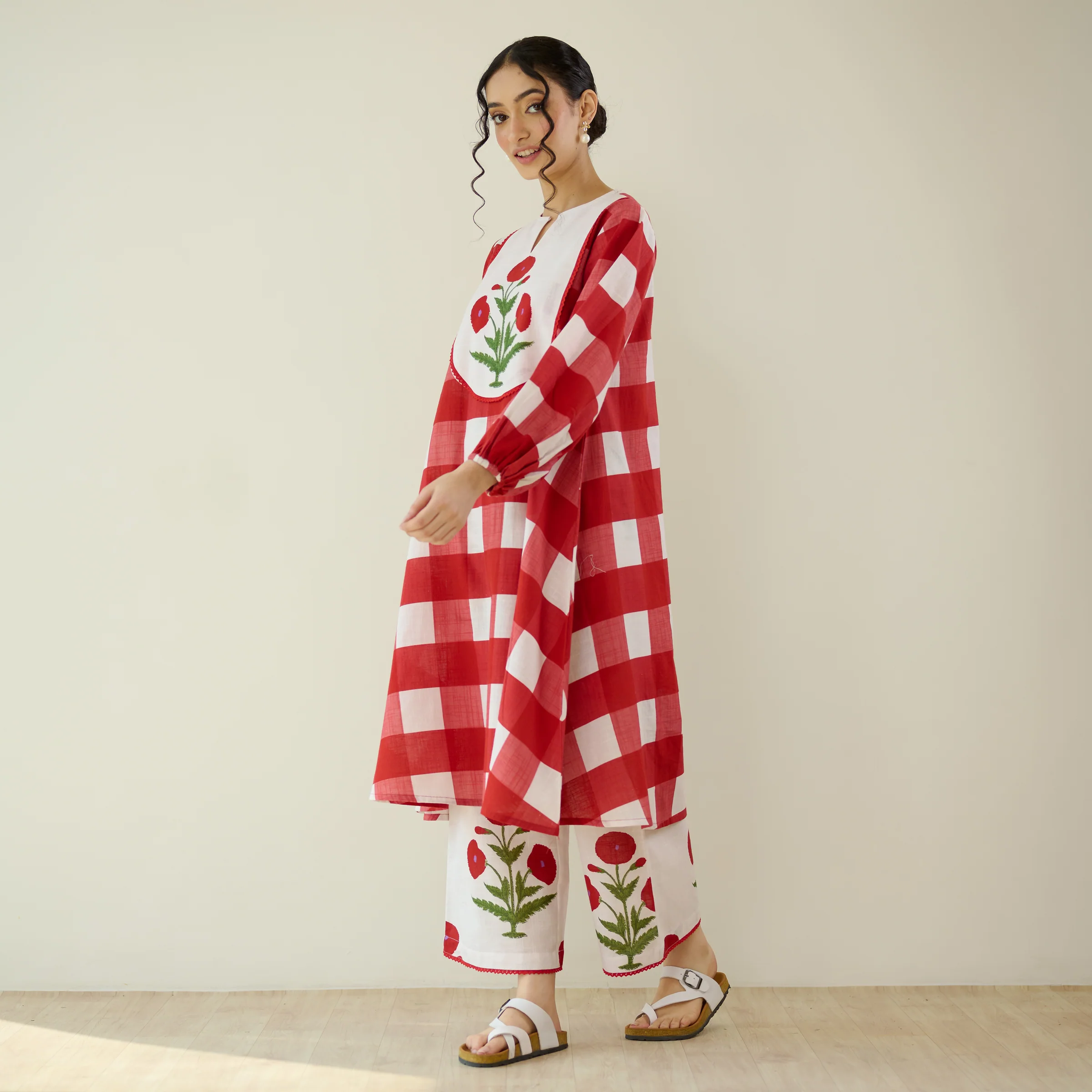 Old School Slub Cotton Kurta Set - Red - Image 3