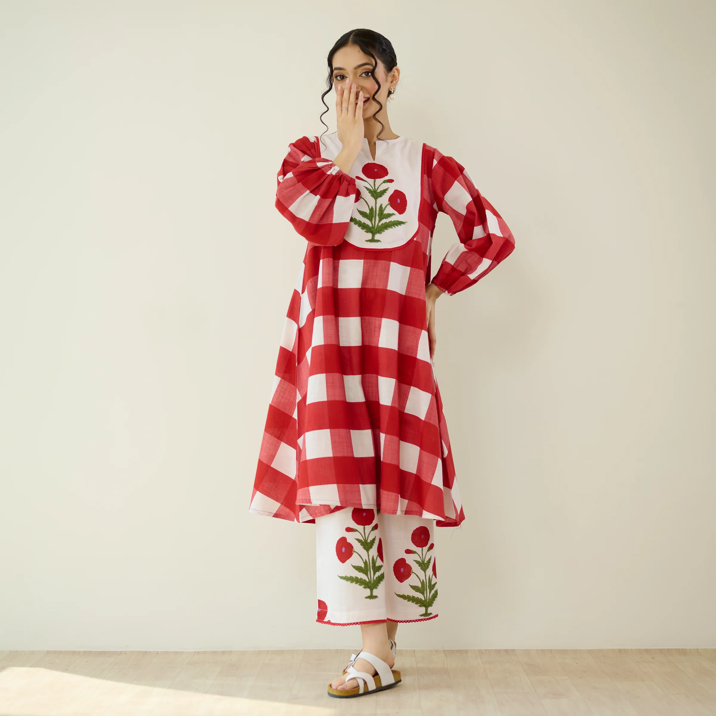Old School Slub Cotton Kurta Set - Red - Image 5