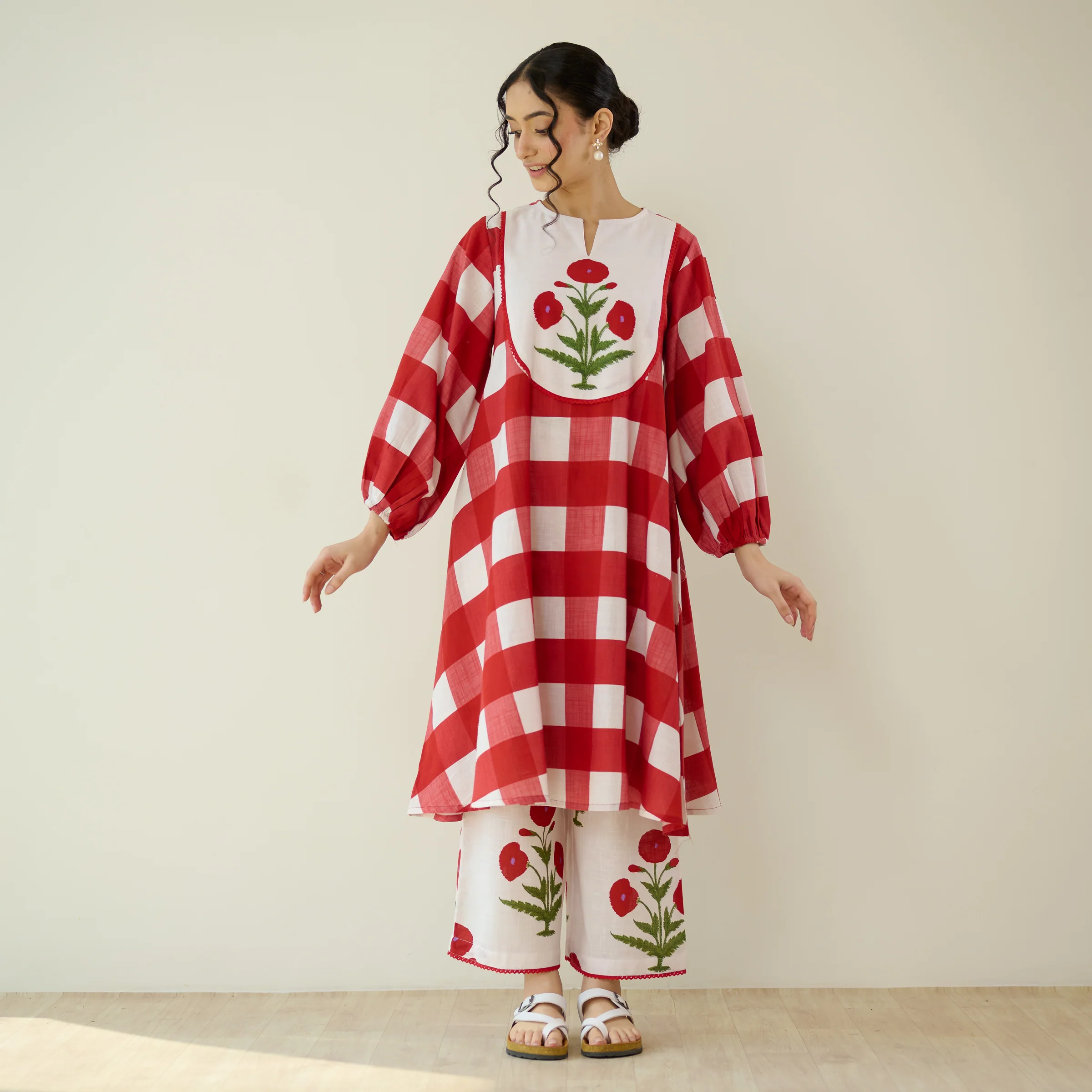 Old School Slub Cotton Kurta Set - Red - Image 8