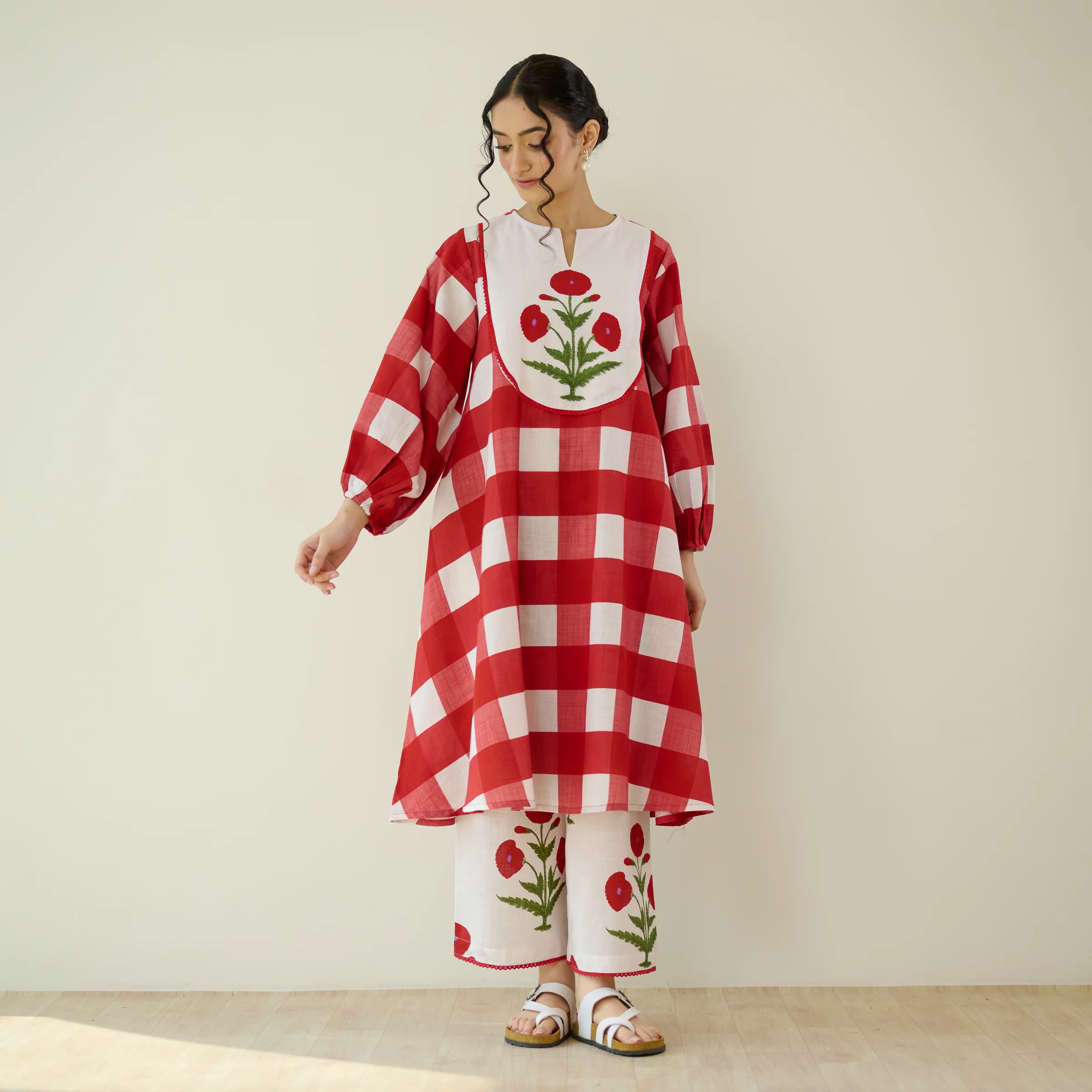 Old School Slub Cotton Kurta Set - Red - Image 9
