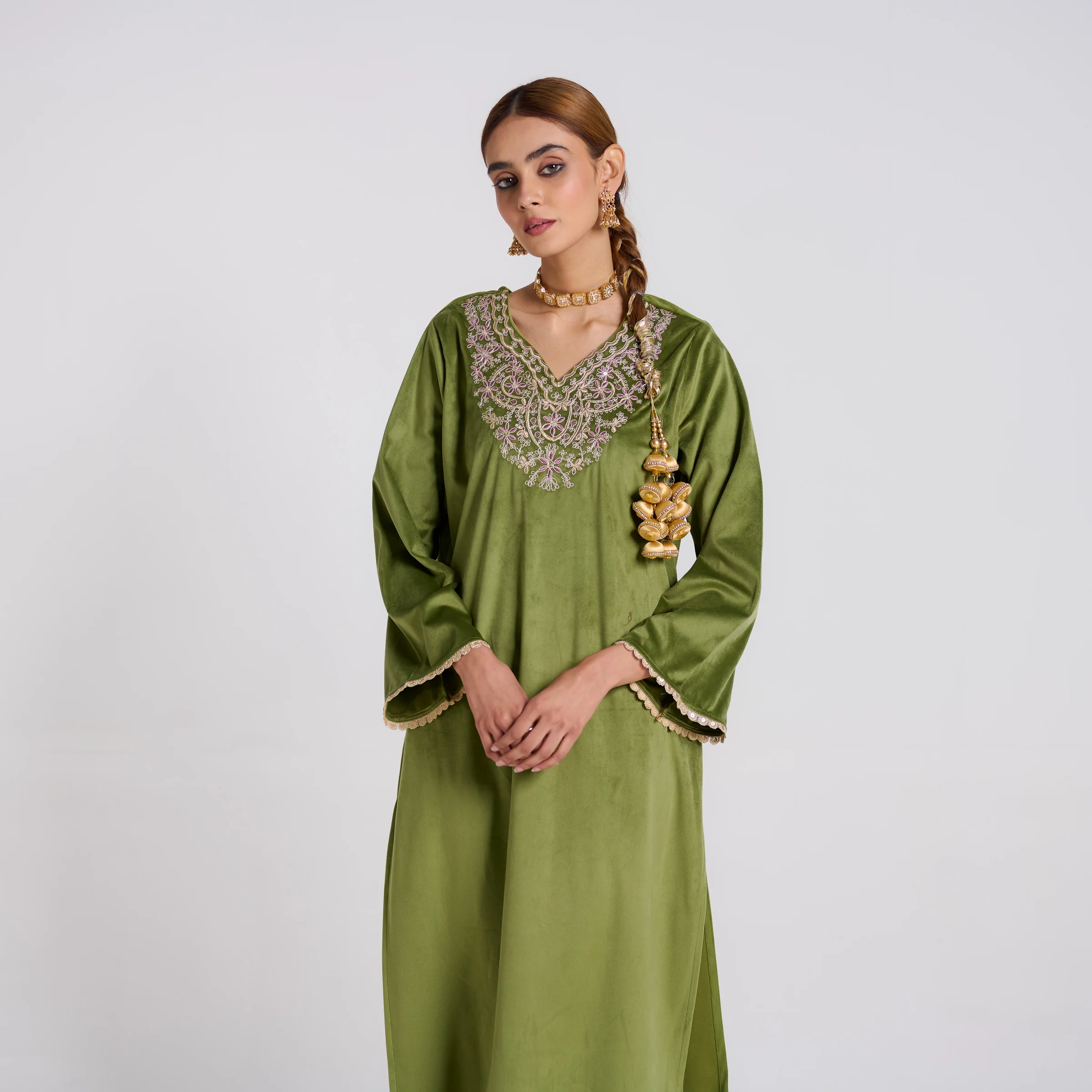 Olive Embroidered Amara Velvet Kurta Pant Set - Image 3