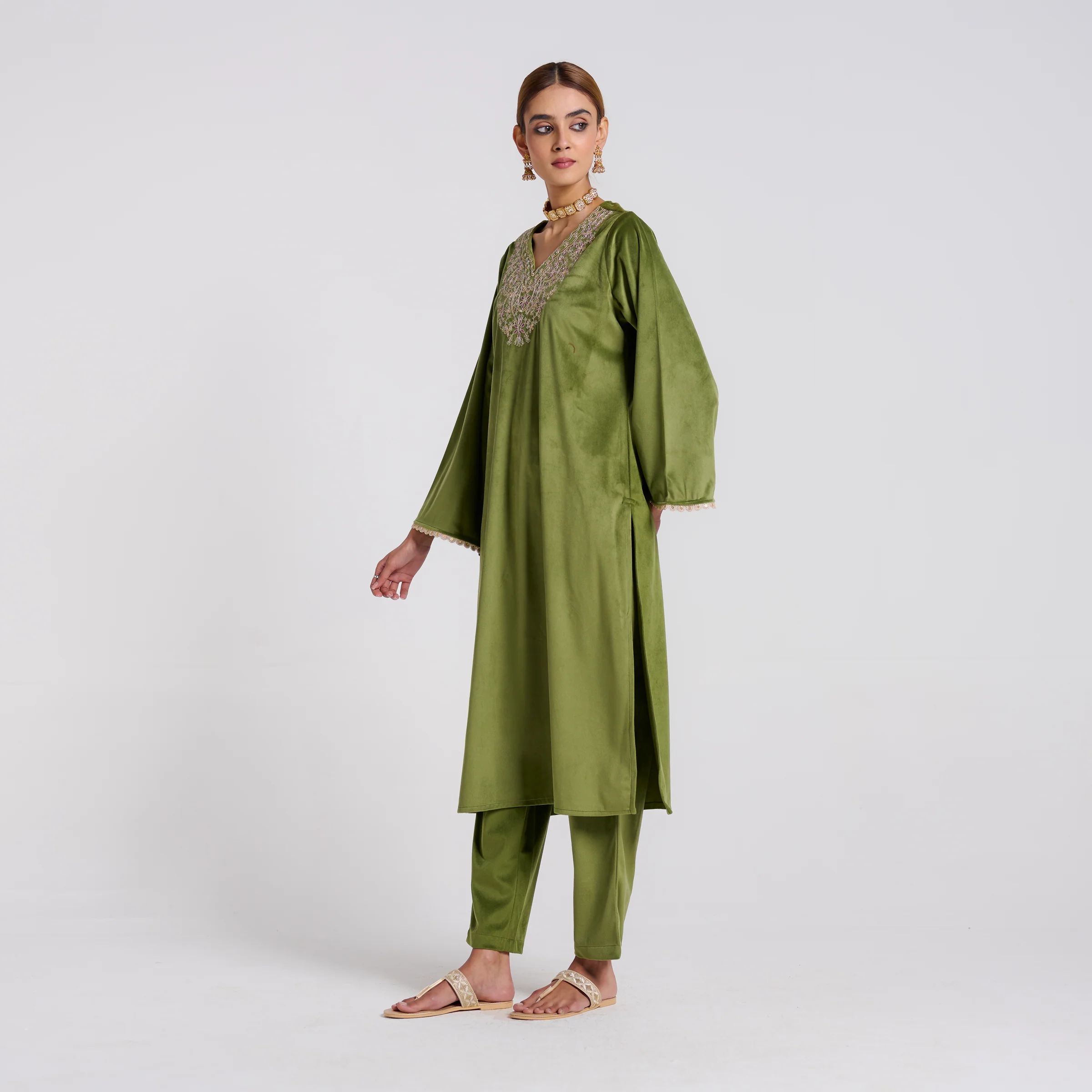 Olive Embroidered Amara Velvet Kurta Pant Set - Image 4