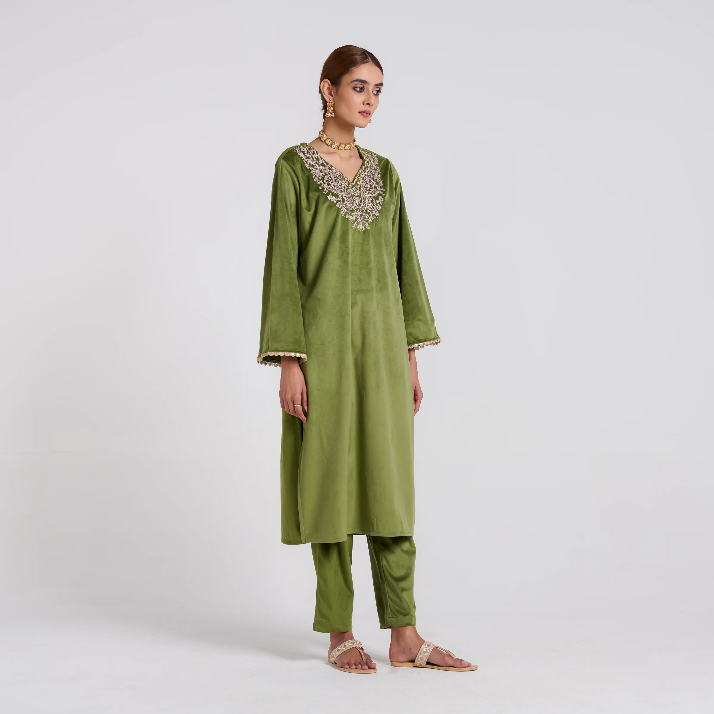 Olive Embroidered Amara Velvet Kurta Pant Set - Image 5