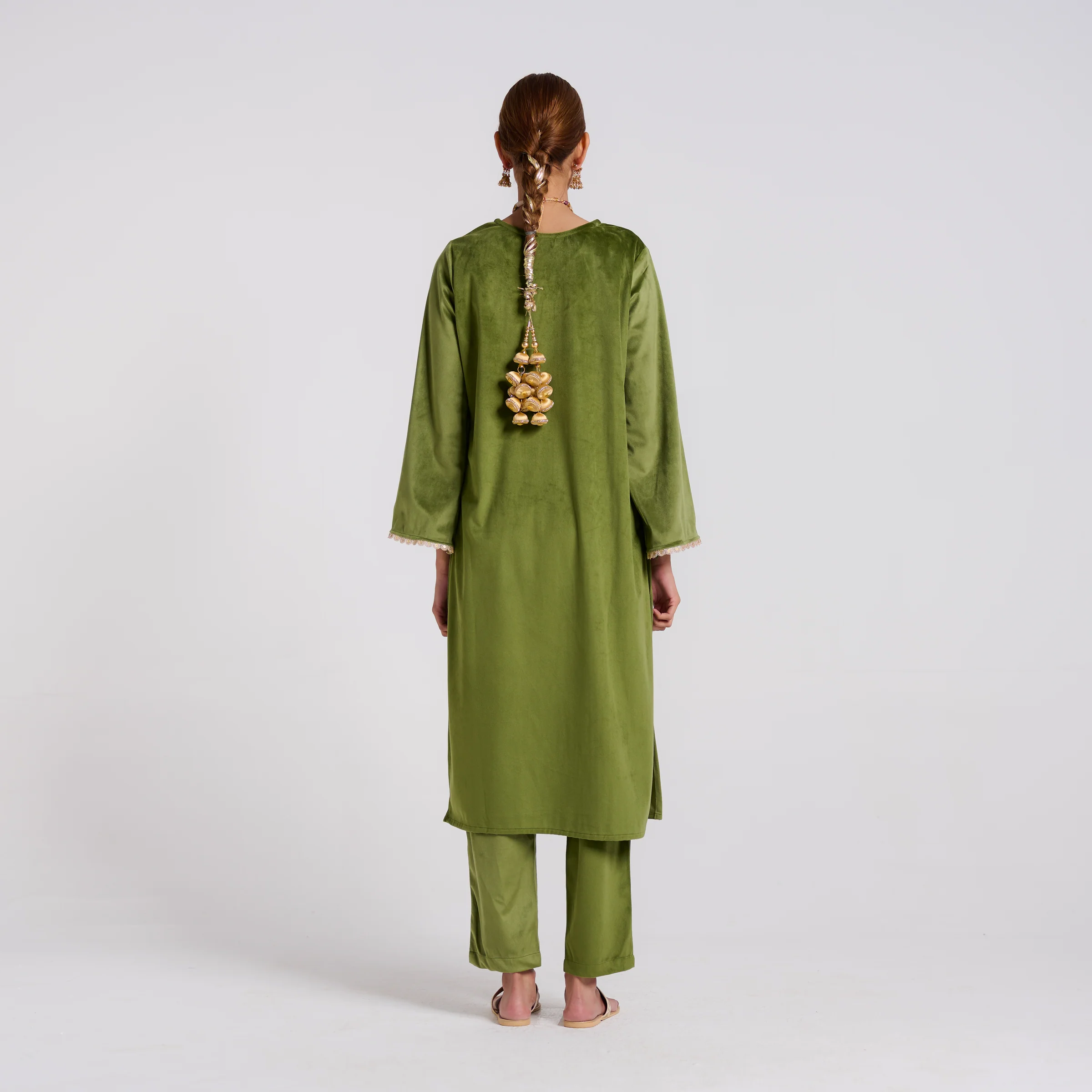 Olive Embroidered Amara Velvet Kurta Pant Set - Image 6