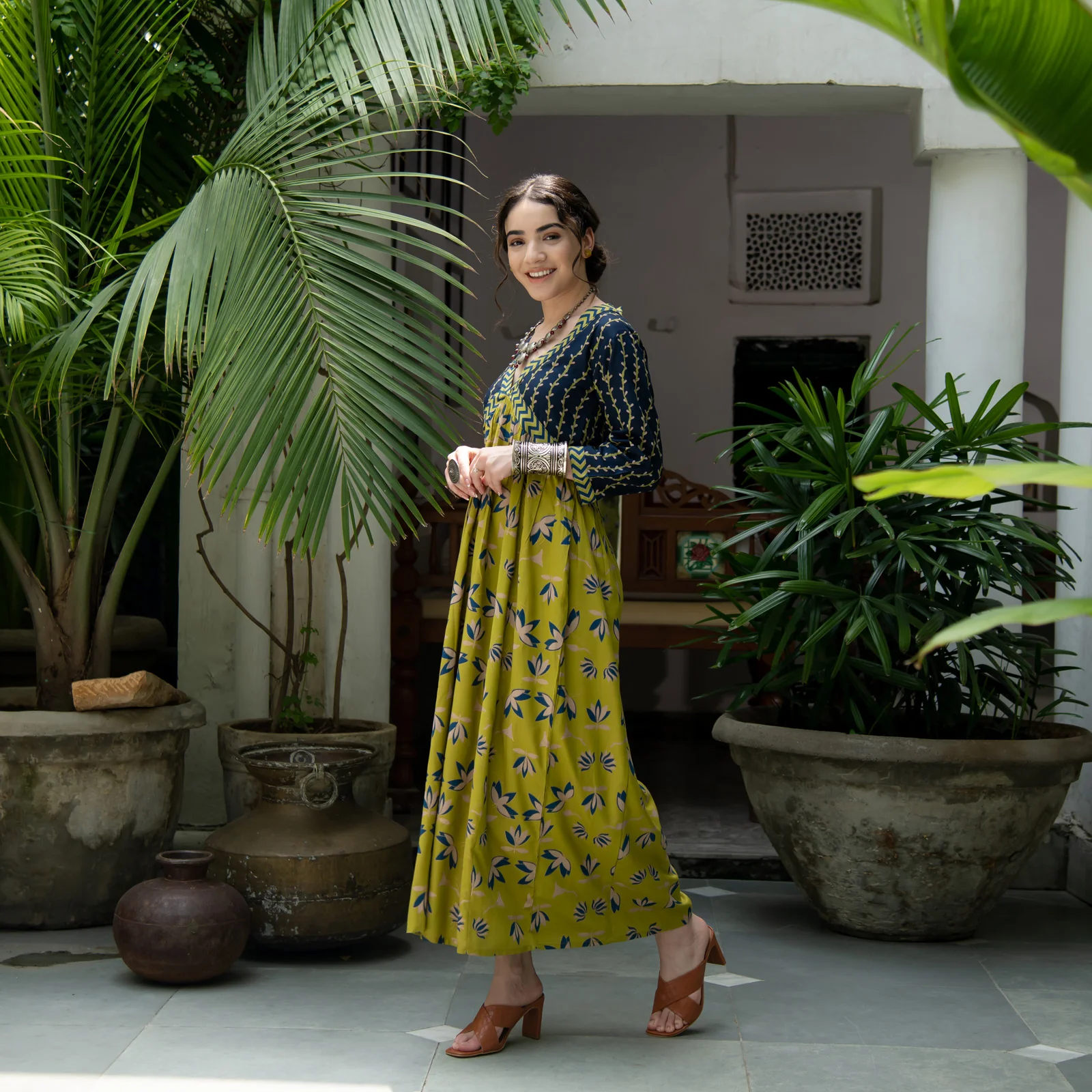 Olive & Blue V Neck Alia Cut Lotus Dress - Image 3