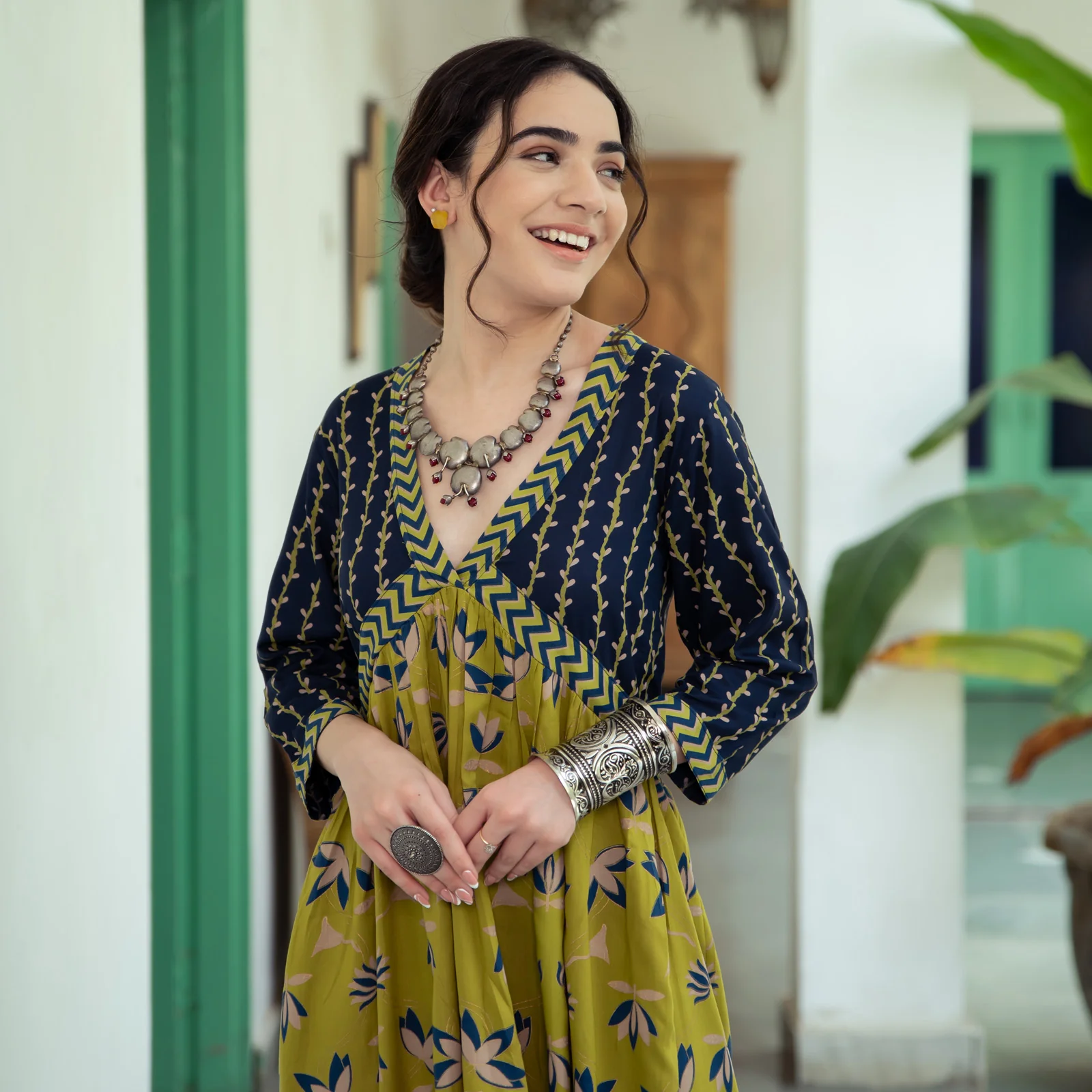 Olive & Blue V Neck Alia Cut Lotus Dress - Image 4