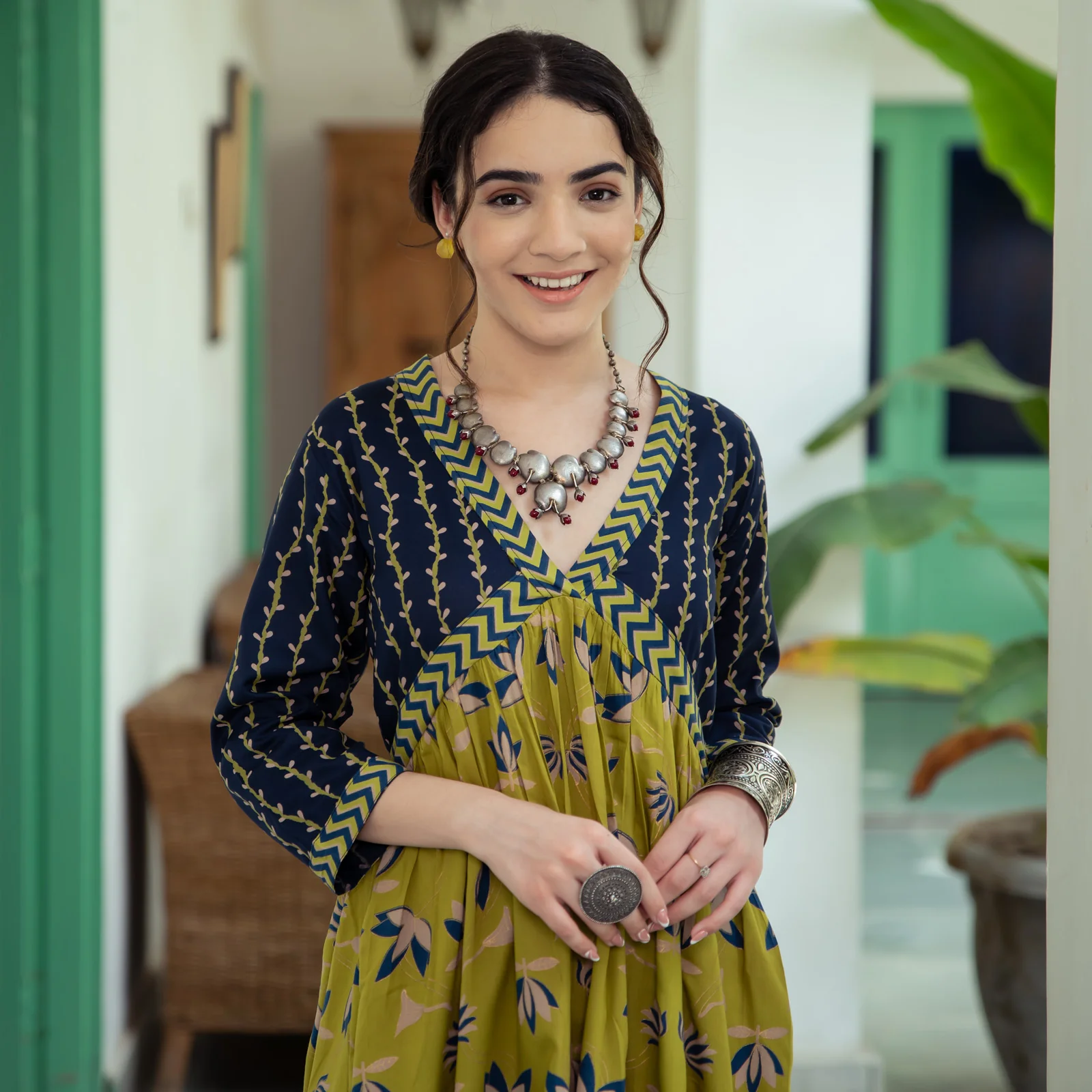Olive & Blue V Neck Alia Cut Lotus Dress - Image 6