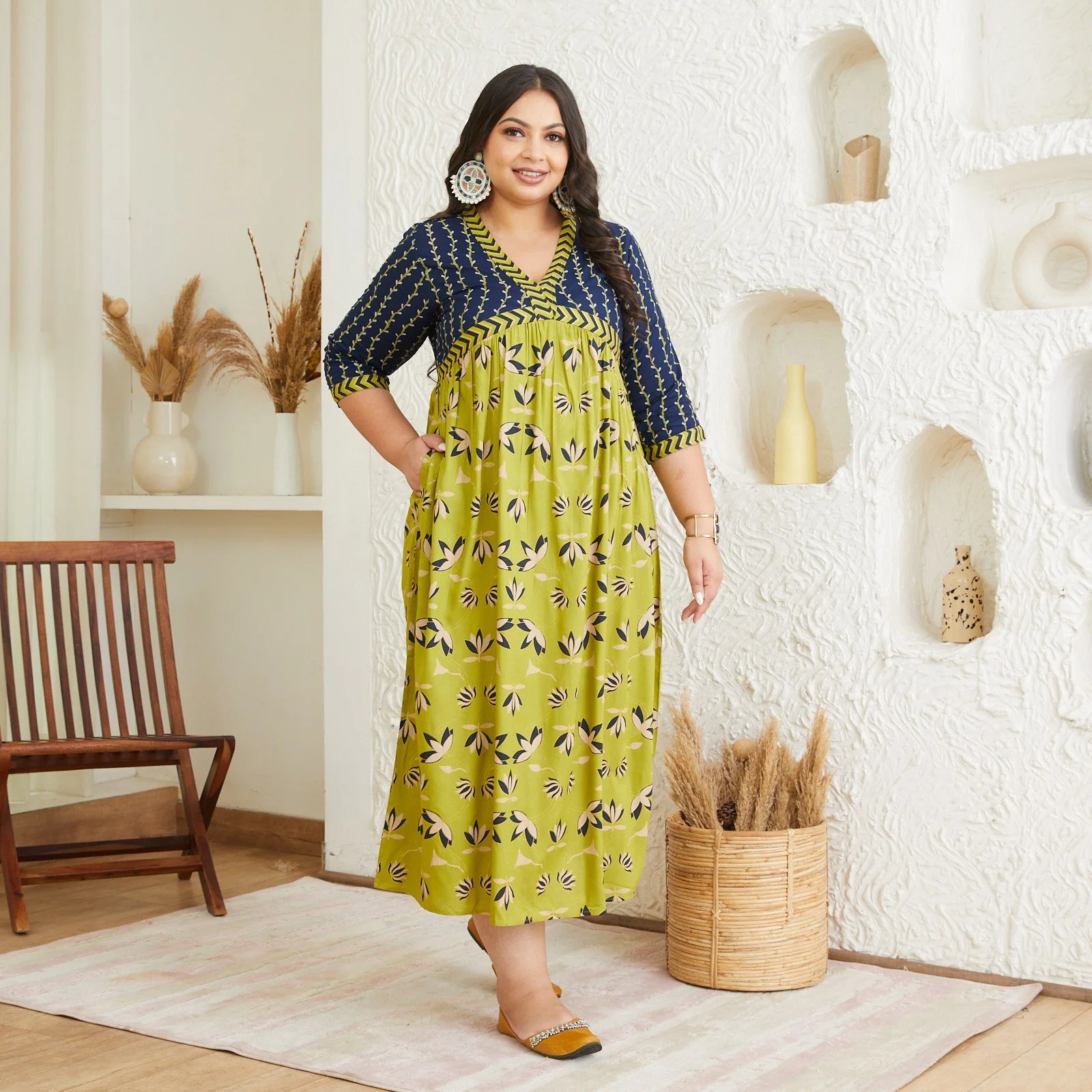 Olive & Blue V Neck Lotus Dress - SOM - Image 3