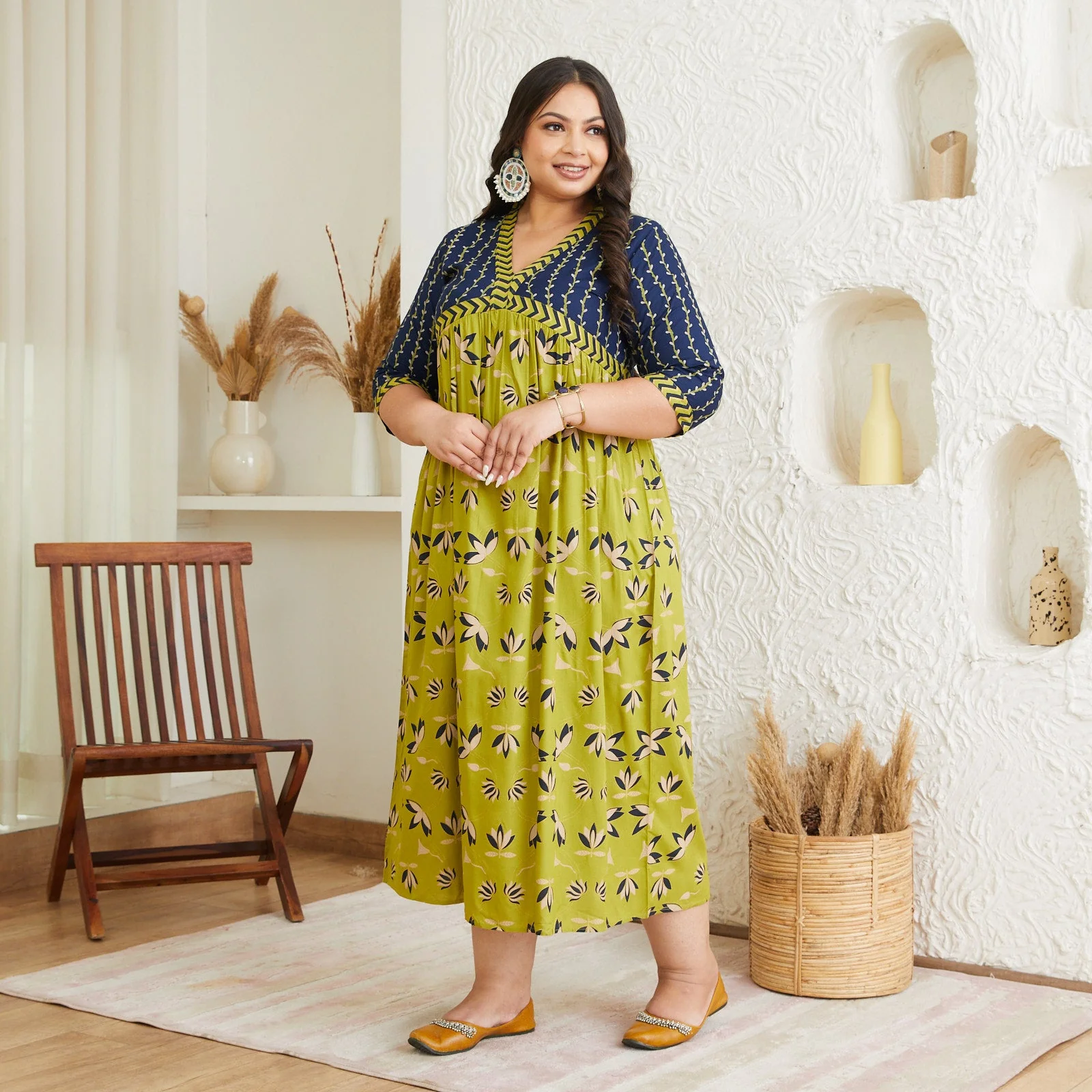 Olive & Blue V Neck Lotus Dress - SOM - Image 4