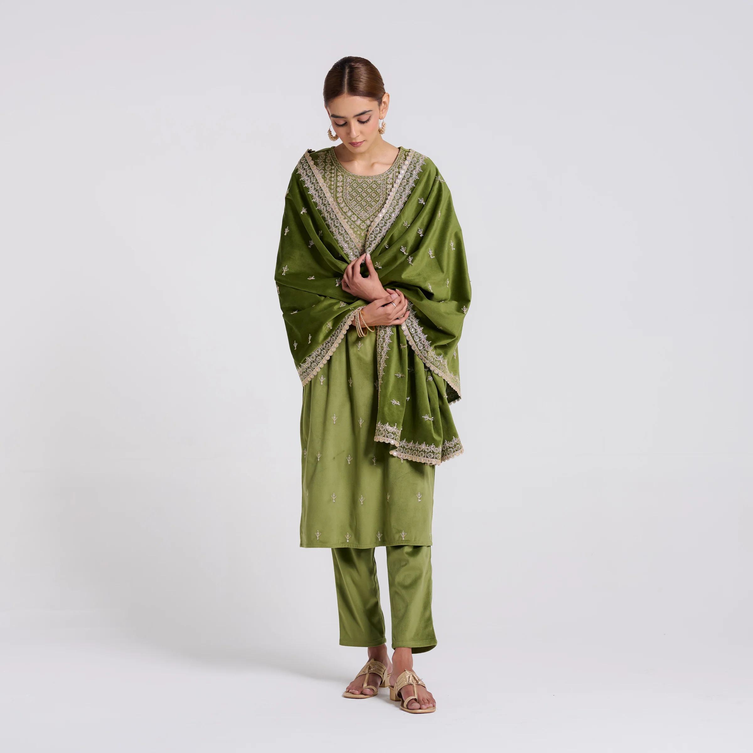 Olive Embroidered Gulzaar Velvet Set with Dupatta - Image 3