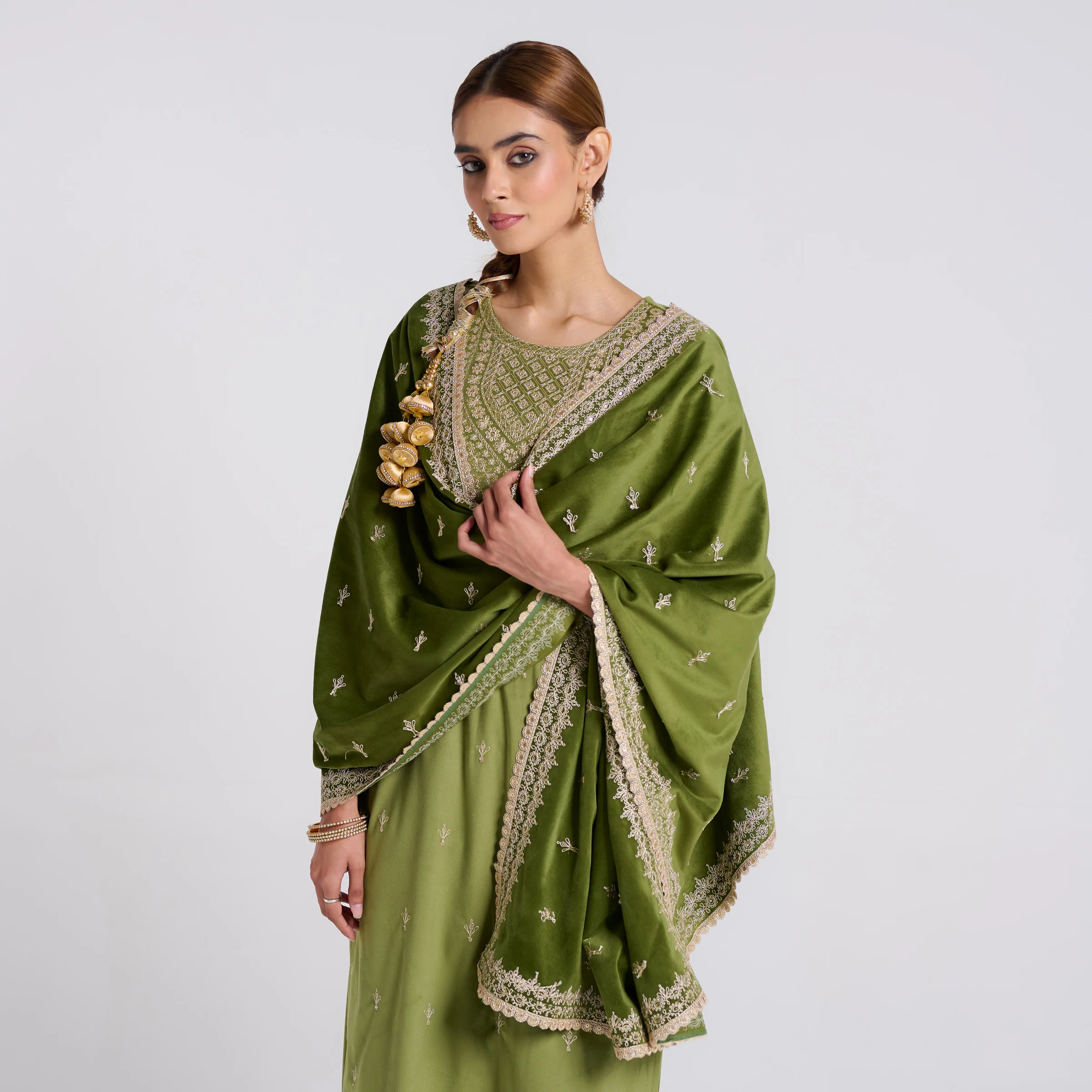 Olive Embroidered Gulzaar Velvet Set with Dupatta - Image 4