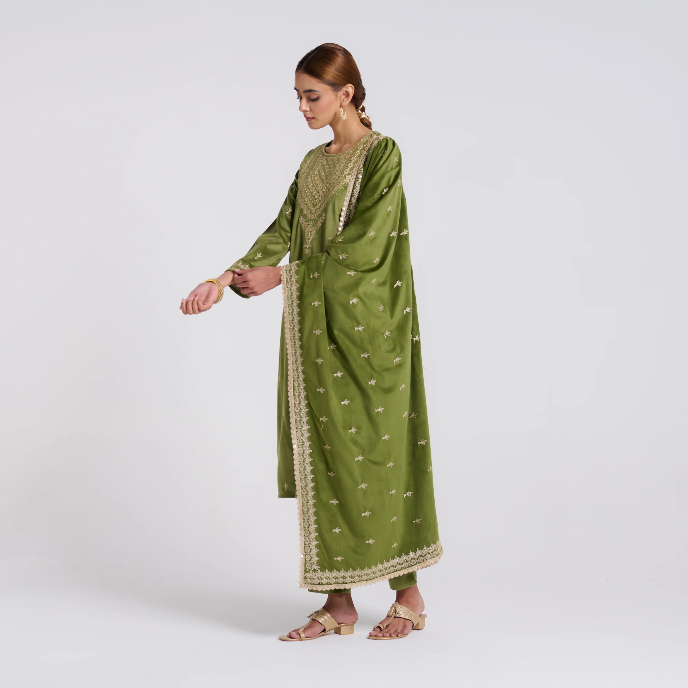 Olive Embroidered Gulzaar Velvet Set with Dupatta - Image 5