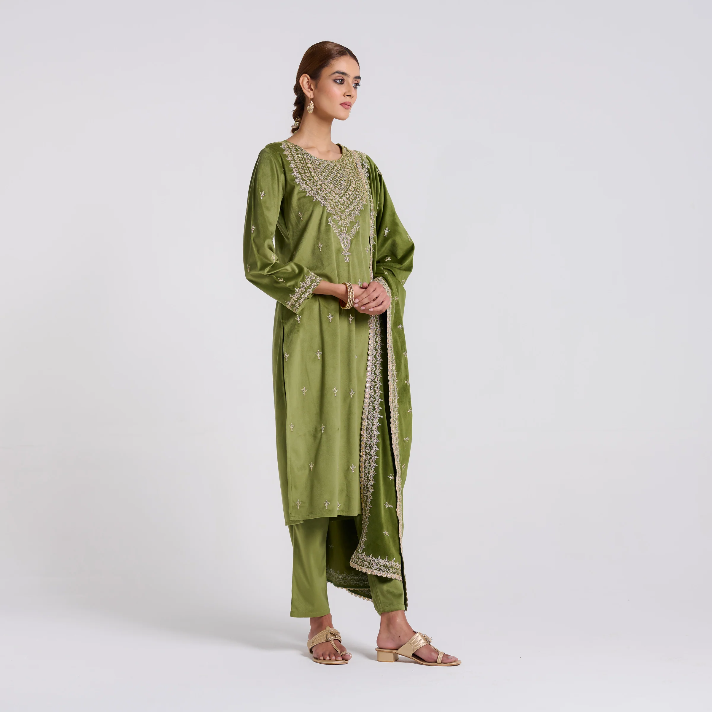 Olive Embroidered Gulzaar Velvet Set with Dupatta - Image 6