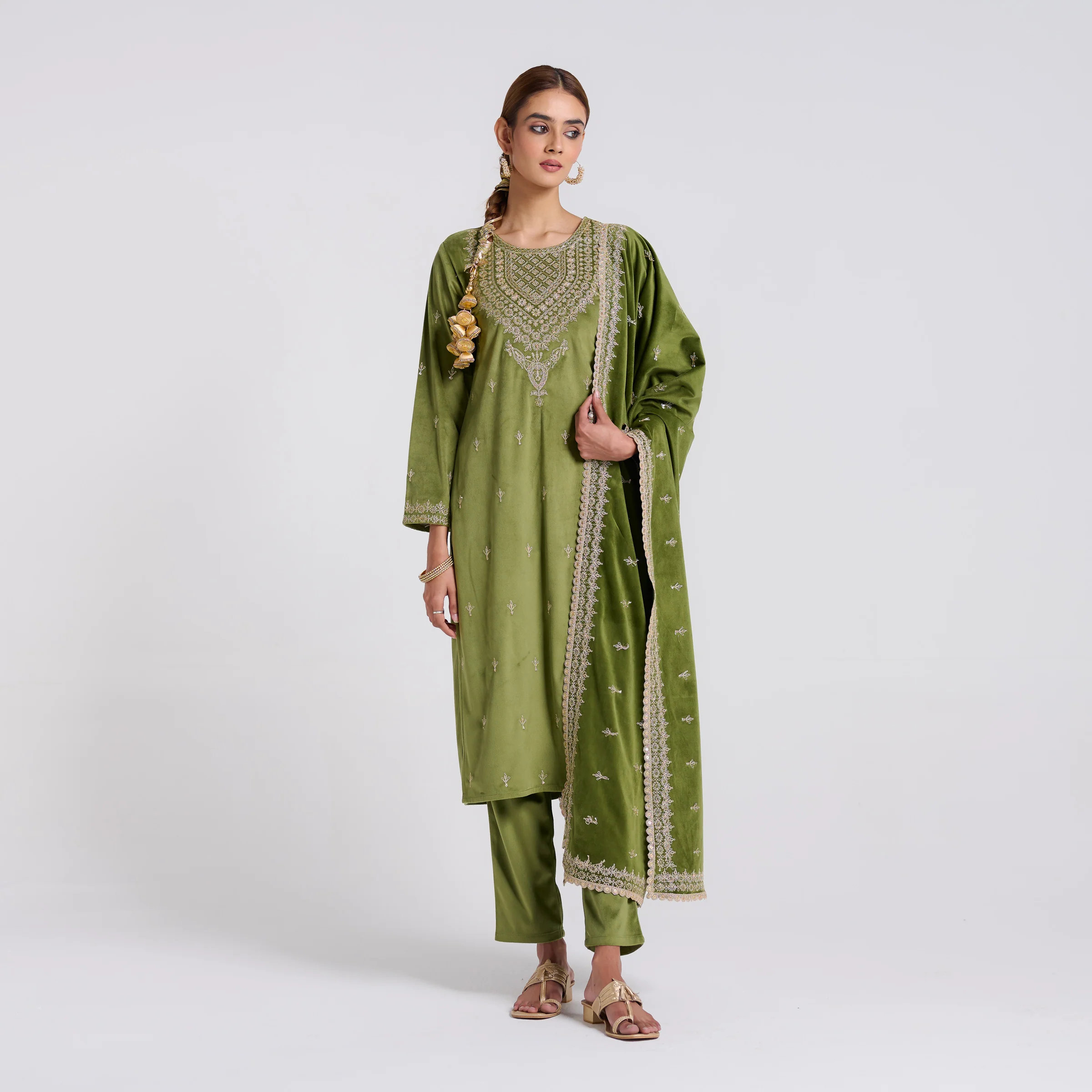 Olive Embroidered Gulzaar Velvet Set with Dupatta - Image 7