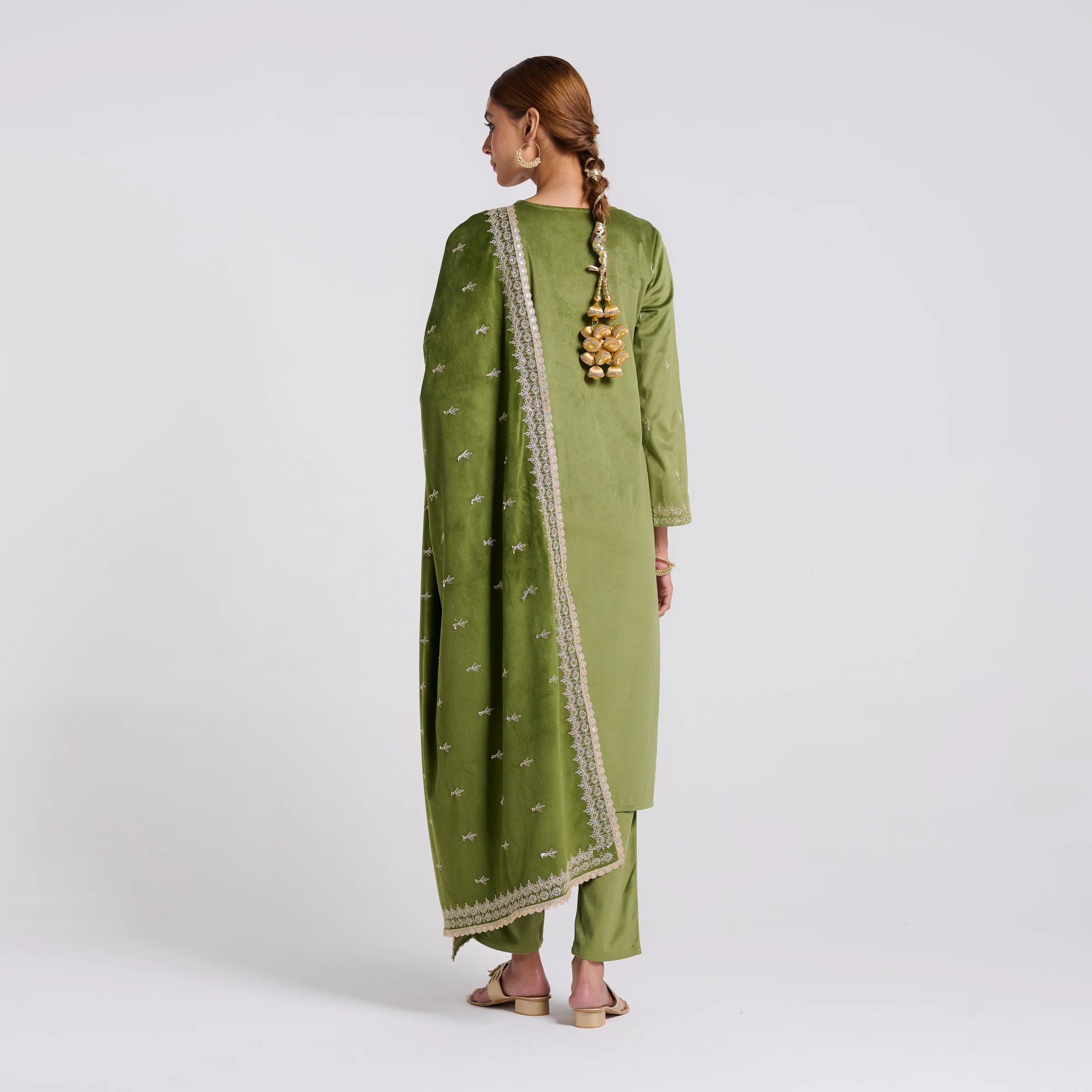 Olive Embroidered Gulzaar Velvet Set with Dupatta - Image 8