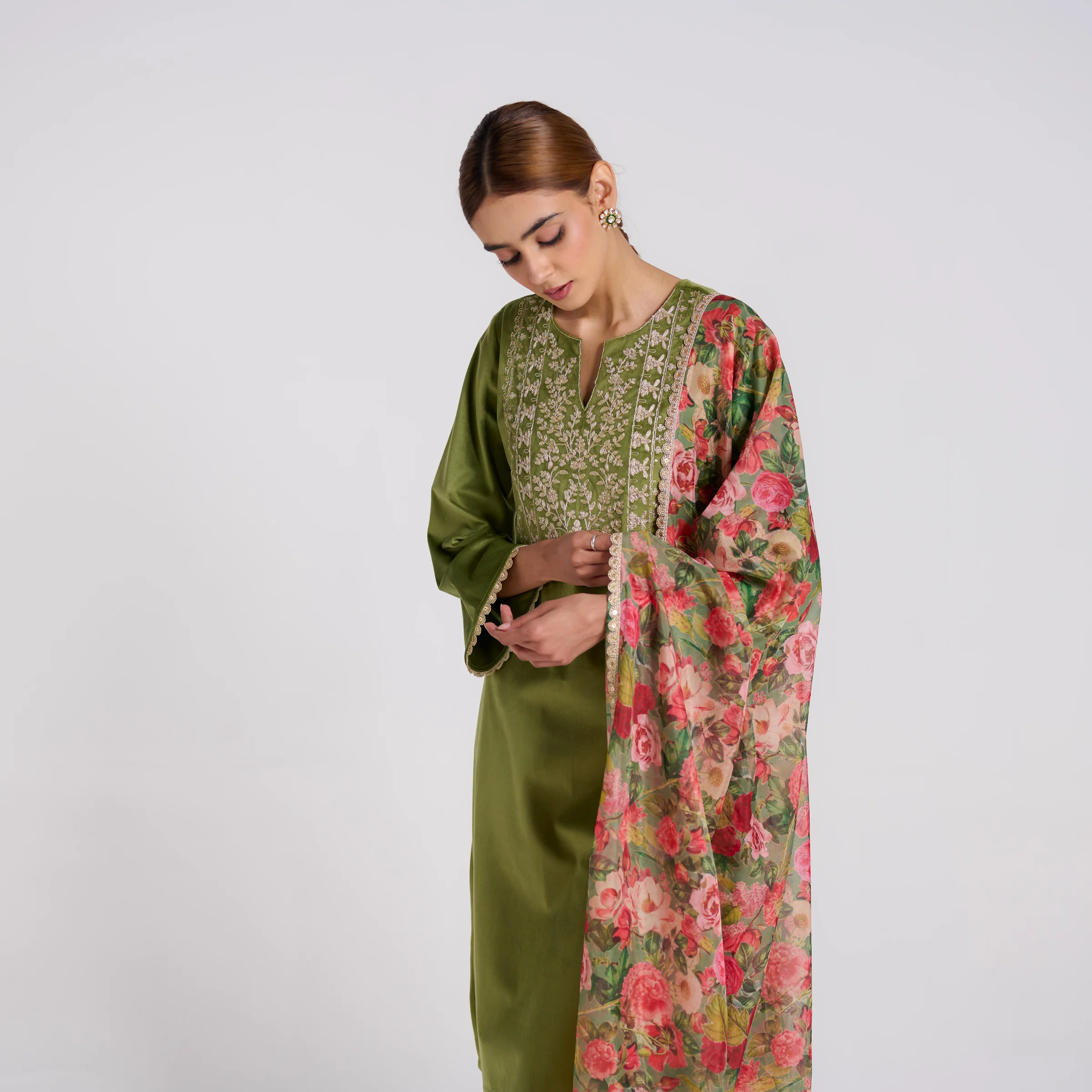 Olive Embroidered Phulwari Velvet Set with Dupatta - Image 3
